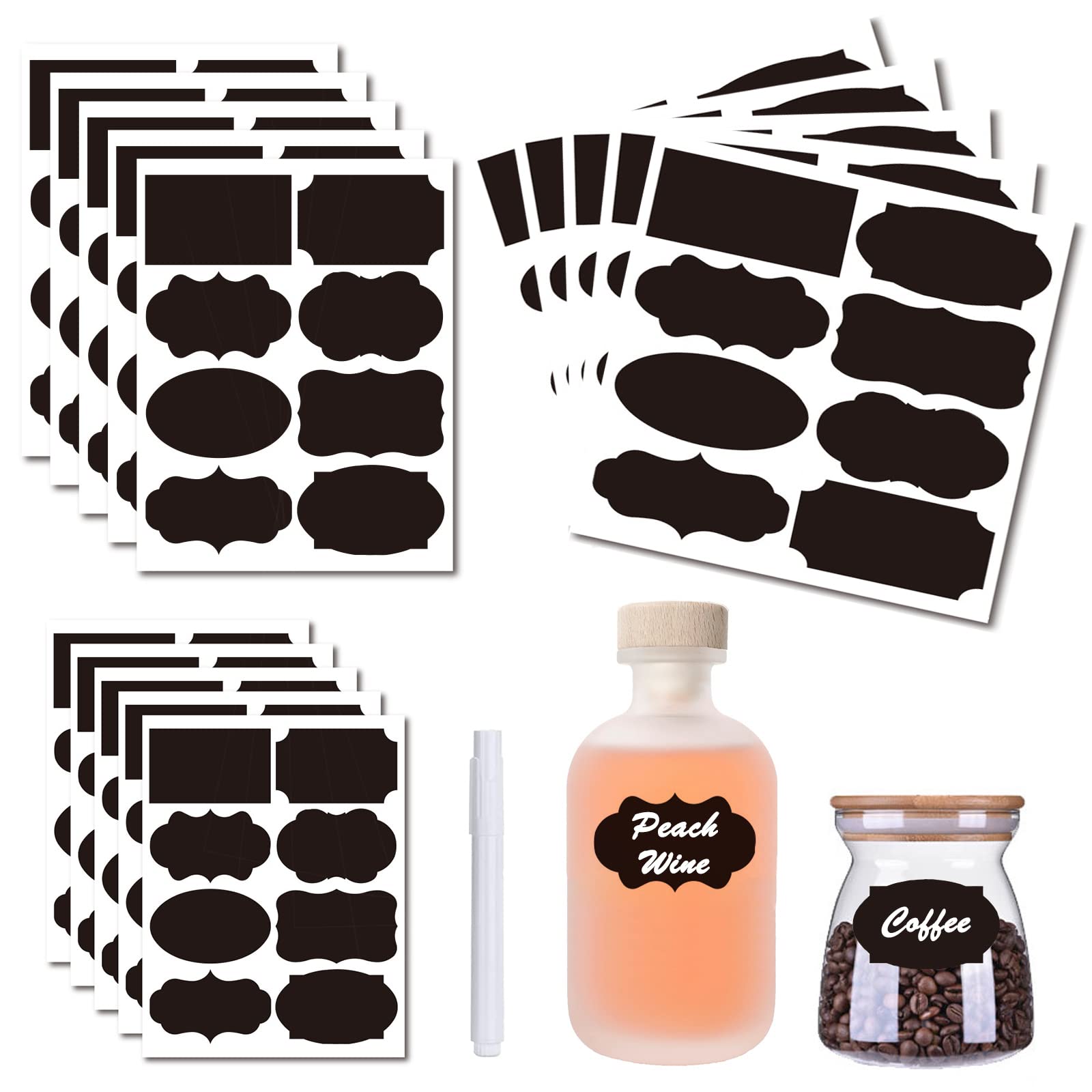 120pcs Reusable Chalkboard Labels for Containers - Waterproof Blackboard Stickers with White Chalk Marker | Perfect for Pantry Organization, Glass Jar Labeling & Coffee Cup Marking (Black Chalk Labels for Storage Bins)