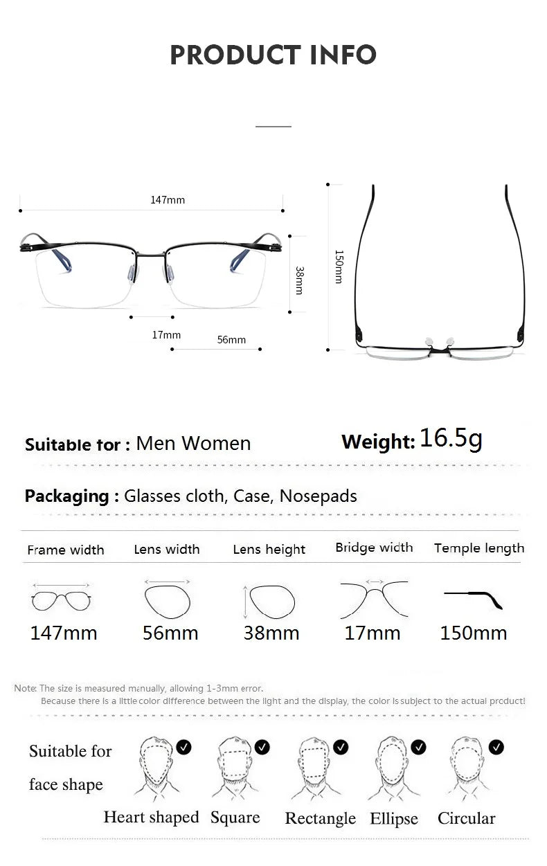 Aimee Unisex Semi-Rimless Square Browline Titanium Eyeglasses Frame 3817 - Lightweight & Durable Glasses for Work, Reading, and Fashion Accessories