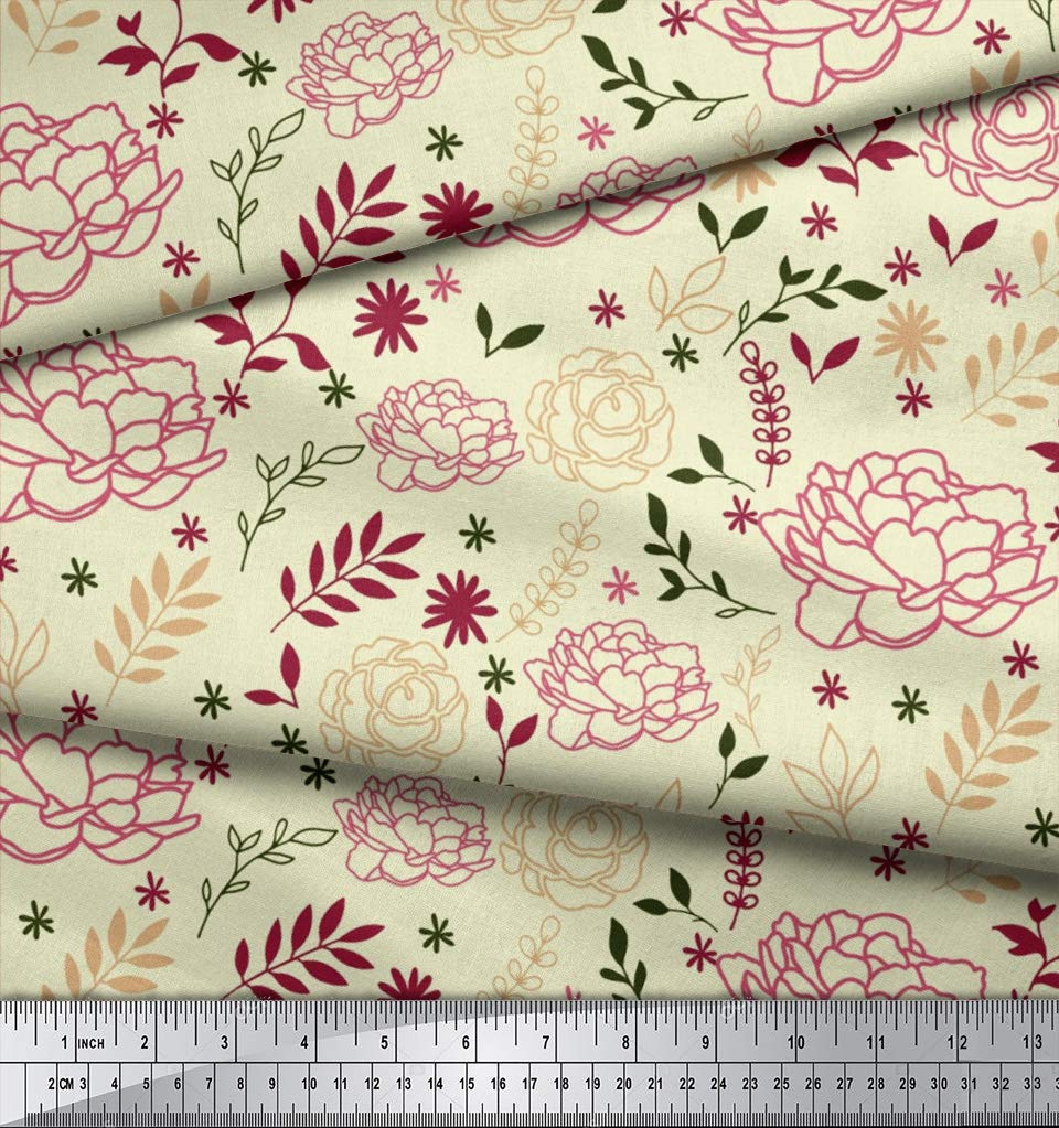 Soimoi Moss Georgette Yellow Fabric by The Yard - 42 Inch Wide Floral Printed Fabric with Leaves & Ranunculus Design - Botanical Timeless Material for Dresses, Scarves, Home Decor & DIY Fashion Projects