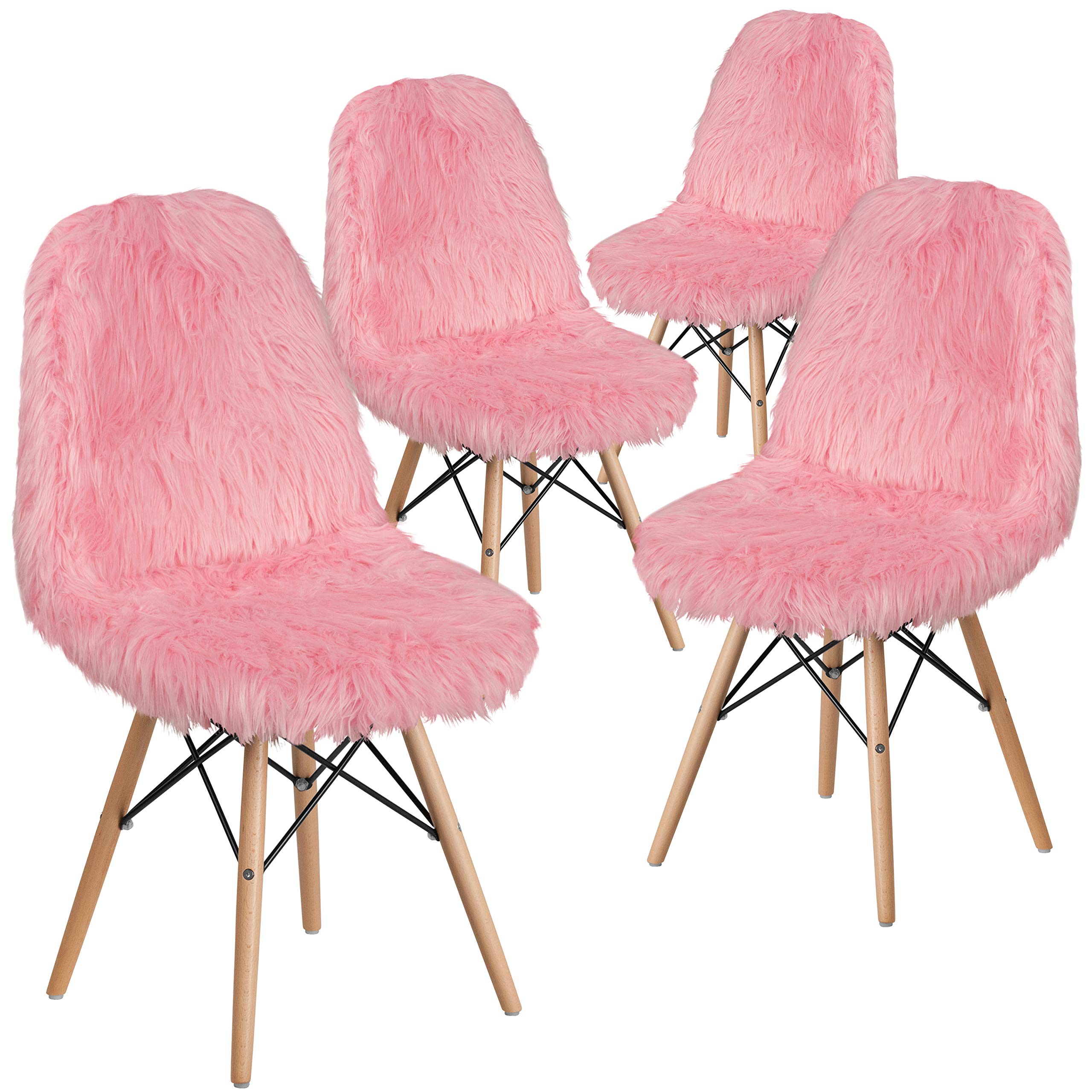 4 Pack Shaggy Dog Light Pink Accent Chairs - Soft Faux Fur Lounge Chairs for Bedroom, Dorm, Living Room - Cozy Reading Chair & Instagram-Worthy Decor