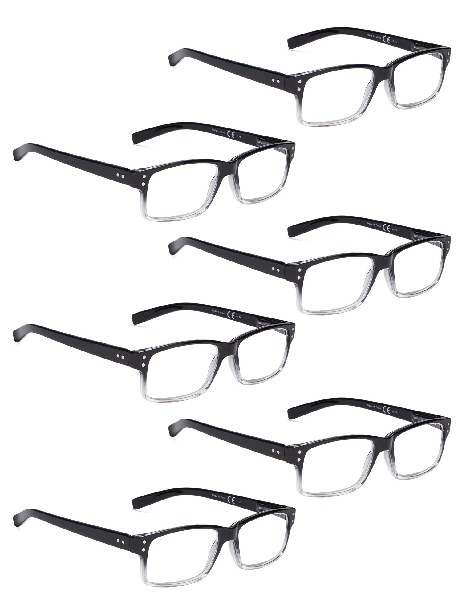 LUR Reading Glasses 6 Pack - Spring Hinge Comfortable Plastic Readers for Men & Women (Black/Clear) - Perfect for Reading, Computer Use, and Close Work