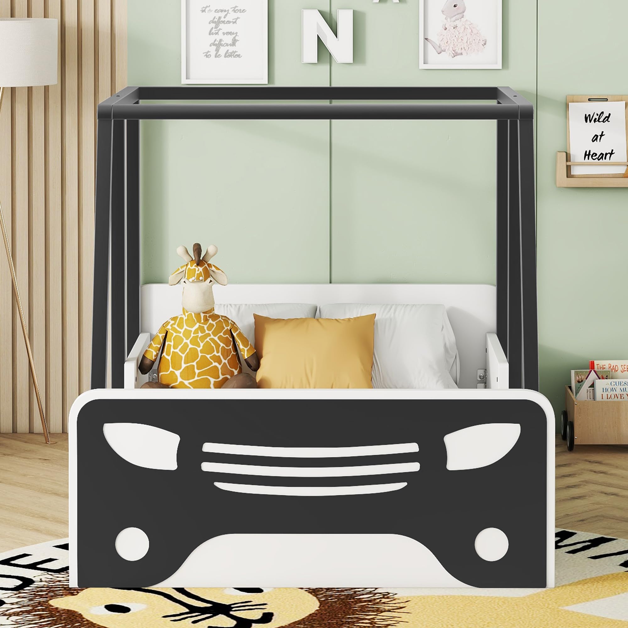 Twin Size Race Car Bed for Boys - Kids Car Bed Frame with Wheels & Roof - Montessori Inspired Bedroom Furniture - Black - Perfect for Kids' Bedrooms, Playrooms & Themed Decor