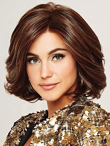 Raquel Welch Heat Friendly Synthetic Lace Front Wig - Dark Chocolate RL6/8 | Mid Length Wavy Hair with Swept Bangs | Monofilament Part | Includes MaxWigs Hairloss Booklet | Perfect for Daily Wear, Special Occasions & Hair Loss Solutions