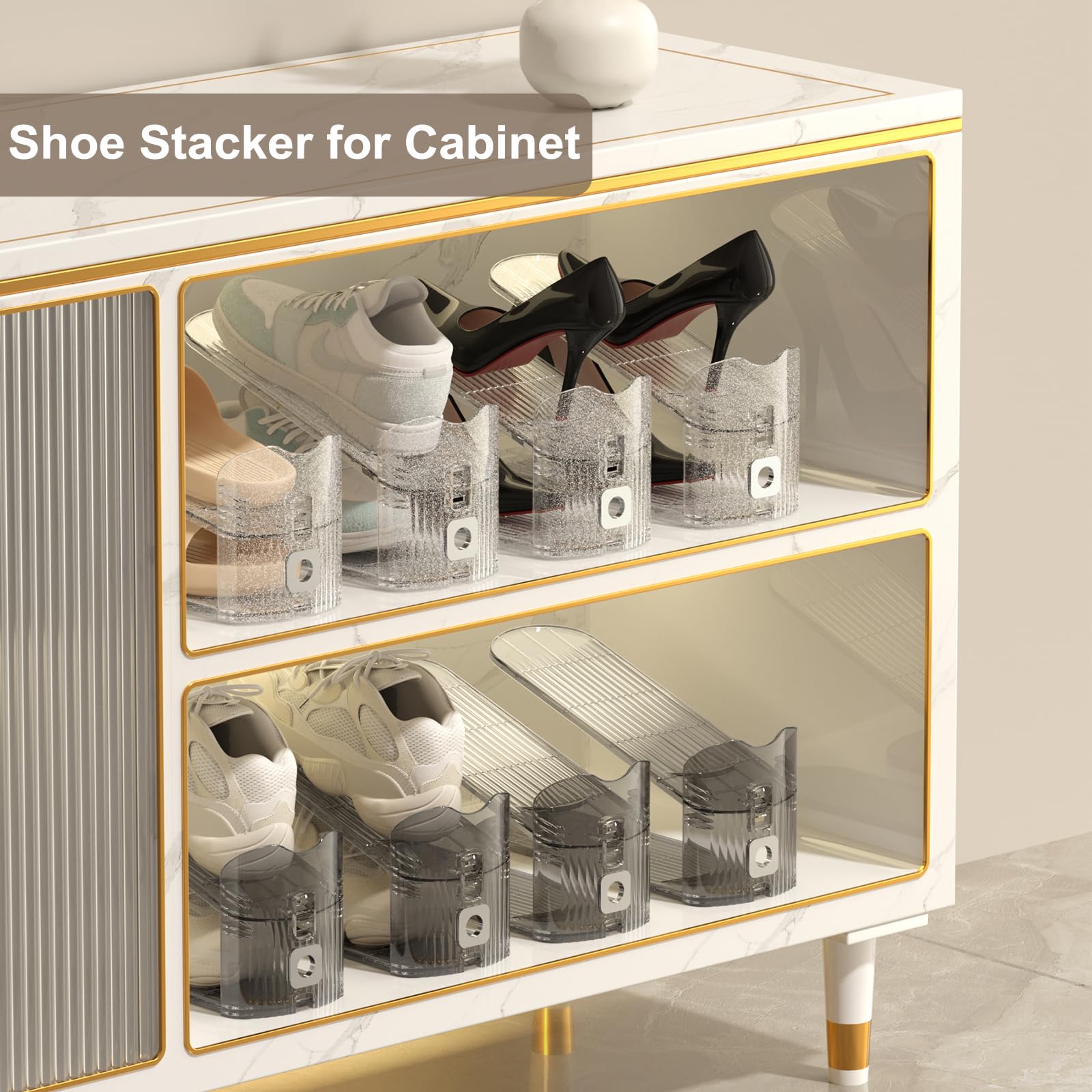 Clear Shoe Stackers & Organizers - 20 Pack Grey Shoe Slots for Closet Storage | Space-Saving Shoe Display Shelf | Perfect for Sneakers, Heels & Boots Organization | Ideal for Bedroom, Closet & Entryway Shoe Storage