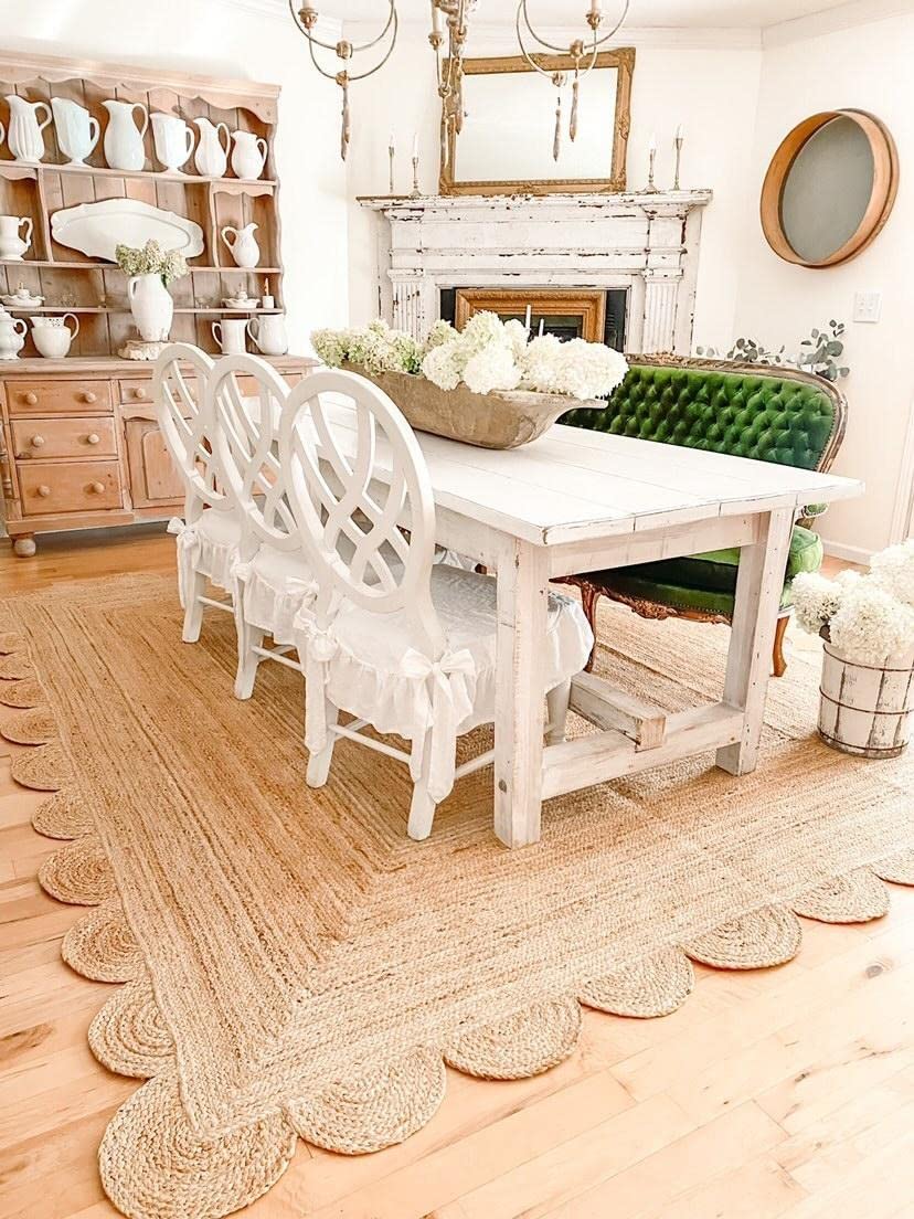 Scalloped Natural Jute Area Rug 10'x13' - Eco-Friendly Handwoven Floor Mat for Living Room, Bedroom & Dining Area - Neutral Beige Home Decor