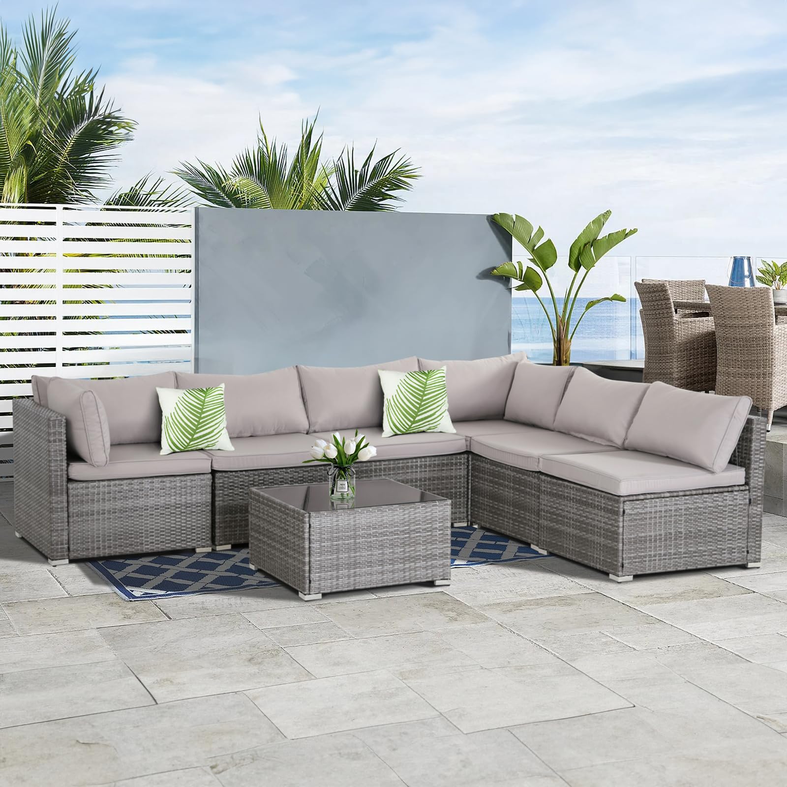 7-Piece Modular Patio Furniture Set - PE Rattan Wicker Outdoor Sectional Sofa with Thickened Cushions & Coffee Table (Gray Wicker/Gray Cushion) - Perfect for Backyard, Garden, Poolside & Outdoor Entertaining