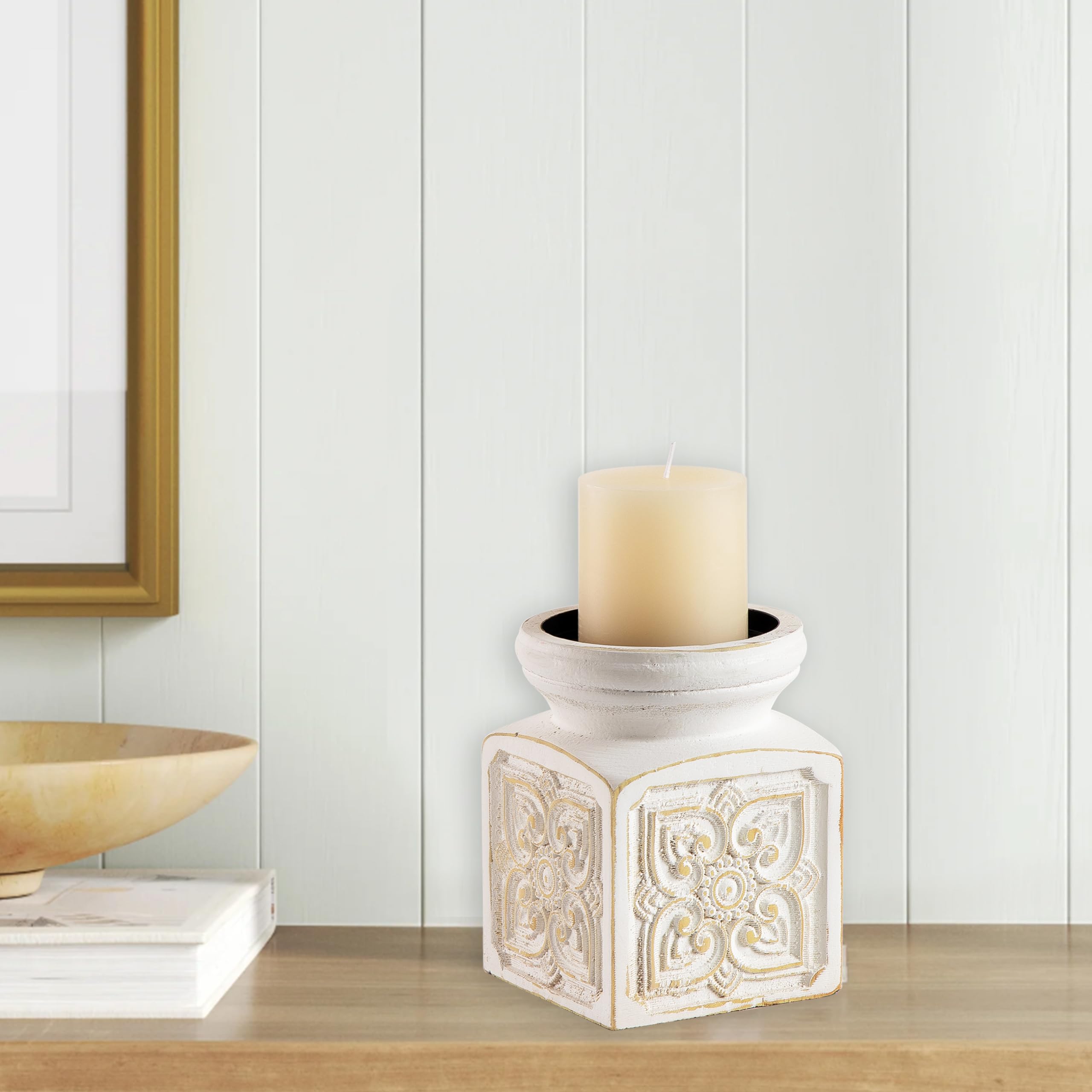 SOFE Antique White Wooden Candle Holder - Large Rustic Pillar Candle Stand with Floral Patterns, Handmade Table Centerpiece for Living Room, Wedding, Dining Room Decor - Perfect for Romantic Dinners, Holiday Decorations and Cozy Home Aesthetics