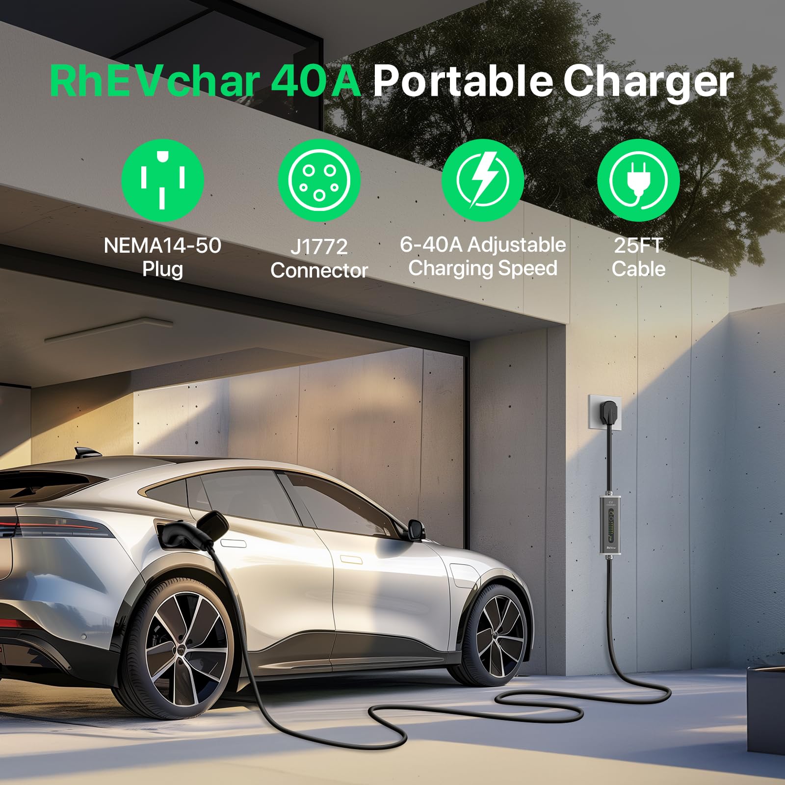 40A 9.6KW Level 2 EV Charger with 25Ft Cable & J1772 Connector - 14-50 Plug, Smart Charging Timer for All Electric Vehicles - Perfect for Home, Garage and Workplace Charging Stations