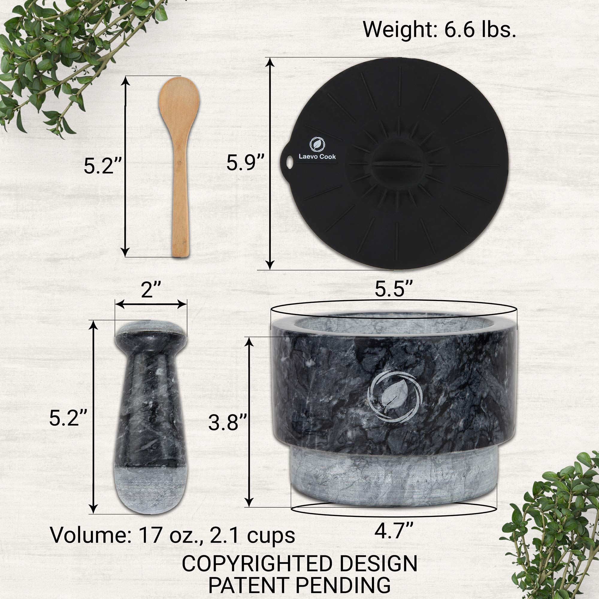 Laevo Marble Mortar and Pestle Set - 5.5 Inch Large Stone Grinder Bowl - 2 Cup Capacity for Grinding Spices, Herbs, Guacamole & Pesto - Durable Reversible Kitchen Tool for Cooking, Baking & Mixing - Perfect for Home Chefs & Healthy Meal Prep