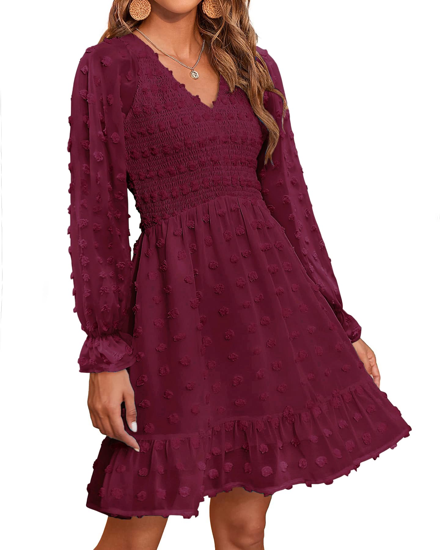 BTFBM Women's Smocked Short Dress V-Neck Long Sleeve Swiss Dot Ruffle Chiffon Flowy Mini Dress for Summer Spring 2025 | Casual Party, Beach Vacation, Date Night Outfit