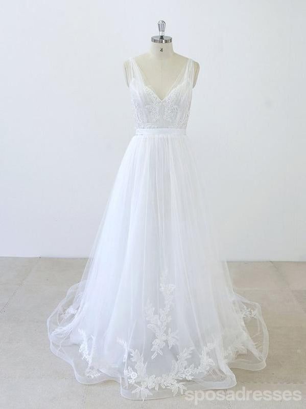2018 Simple V Neck Lace Chapel Train A-Line White Wedding Dress WD372 - Elegant Bridal Gown for Church Ceremony & Beach Weddings