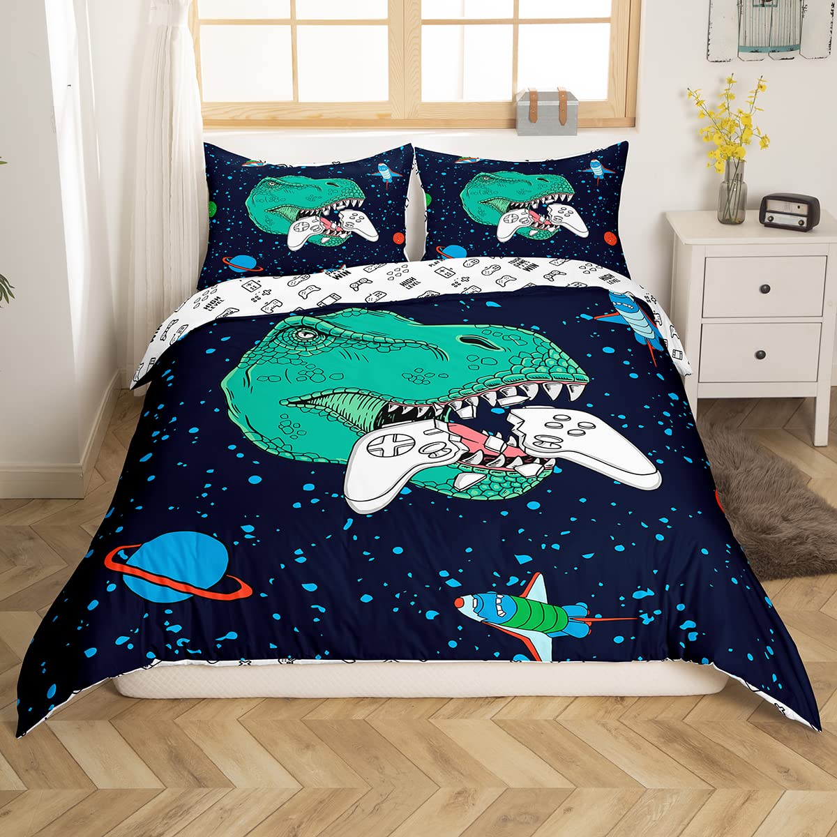 Dinosaur & Airplane Gaming Comforter Cover Set Twin - Soft Microfiber Reversible Bedding with Cartoon Planet & Game Controller Print - 2 Piece Duvet Cover for Boys' Room Decor - Perfect for Gaming Enthusiasts & Kids' Bedroom Theme