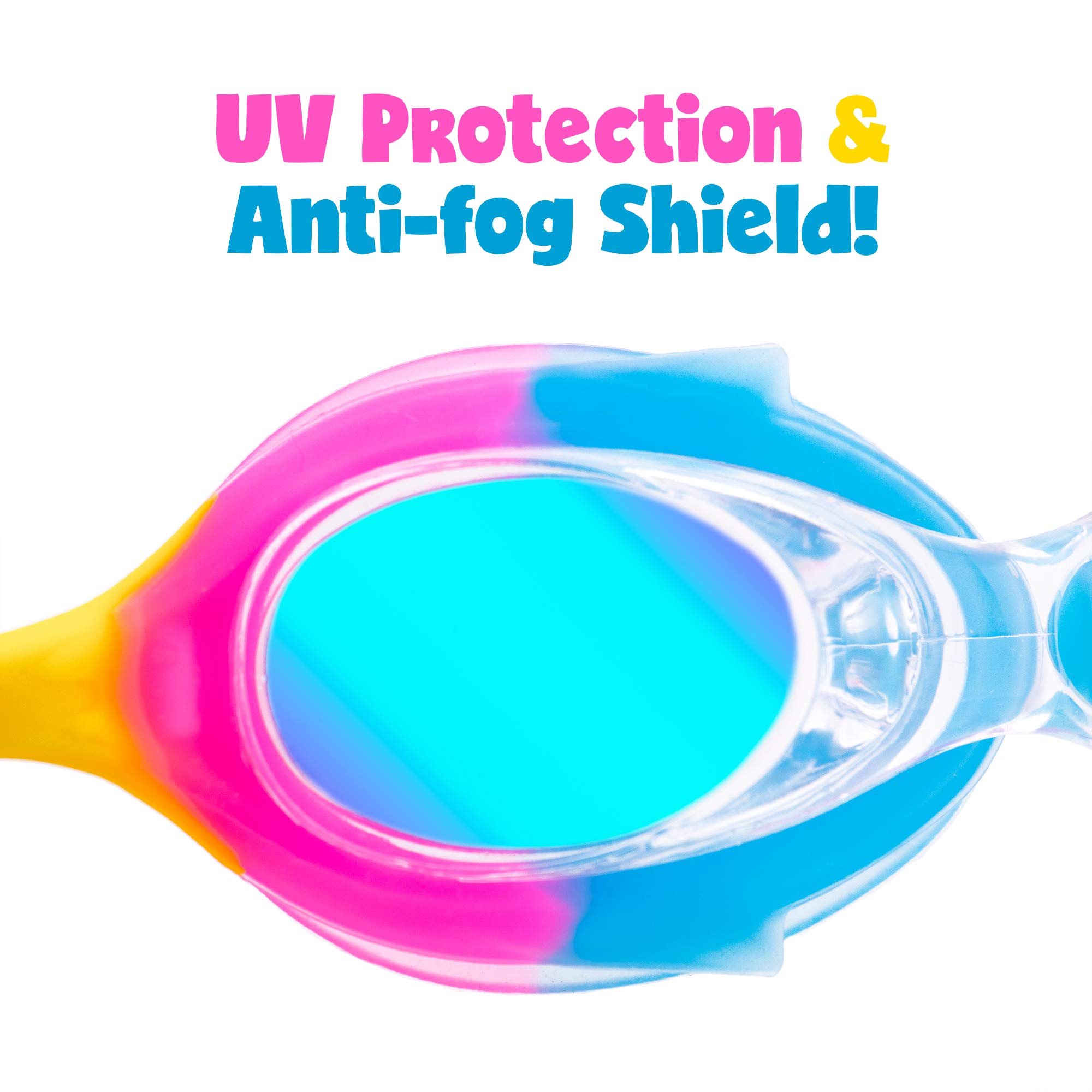 Colorful Kids Swimming Goggles with Case | UV Protection & Anti-Fog Lenses for Boys & Girls | Polycarbonate Safety Goggles with Comfortable Silicone Strap | Perfect for Pool, Beach & Water Play (Cotton Candy)