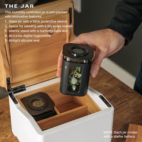 Premium STO Storage Box with Lock & Magnetic Tray - 2 Airtight Glass Jars with Digital Hygrometers - Large Organizer Box with Accessory Compartment - Solid New Zealand Pine Wood Lid & White Base - Perfect for Storing Herbs, Spices, Tea, Coffee & Valuables at Home or Office