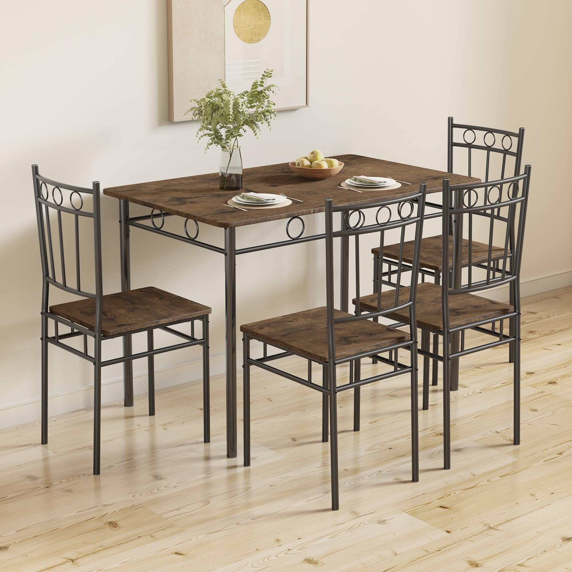 5-Piece Retro Brown Dining Table Set for 4 - Space-Saving Rectangular Kitchen Table with 4 Chairs - Perfect for Small Spaces, Apartments & Dinettes - Ideal for Family Meals, Breakfast Nooks & Cozy Dining Areas