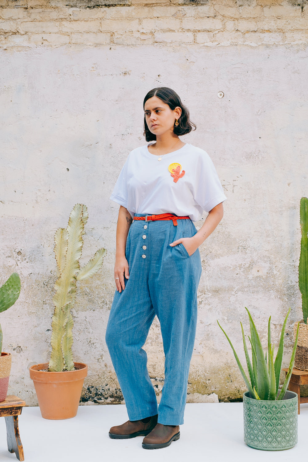 Lowie White Crochet Cactus T-Shirt for Women - Summer Boho Cotton Tee with Cute Cactus Design - Perfect for Beach Vacations, Music Festivals & Casual Outings