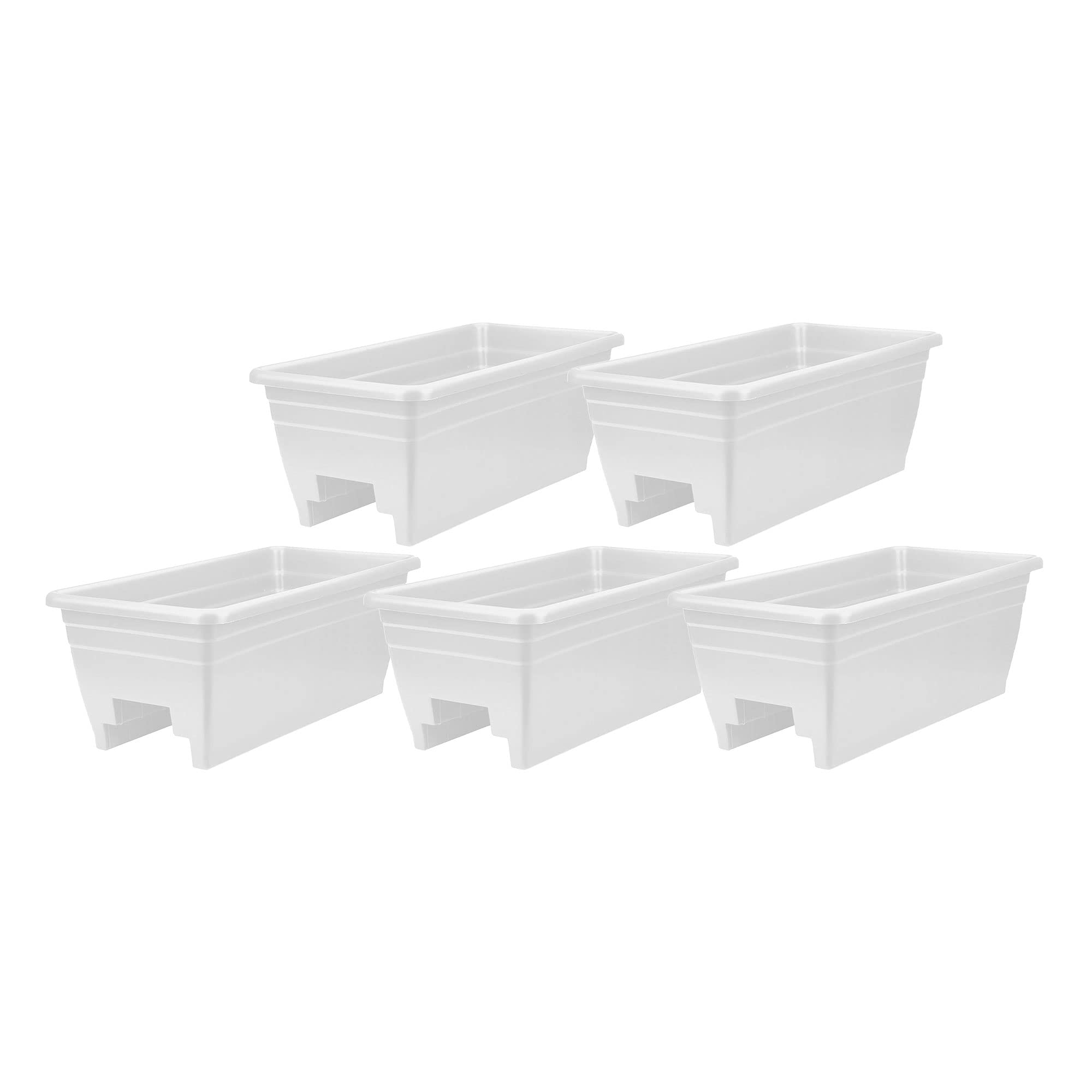 The HC Companies 24 Inch Heavy Duty Plastic Deck Rail Planter Box with Drainage Holes - White (5 Pack) - Perfect for Balcony, Patio, and Garden Flower Planting