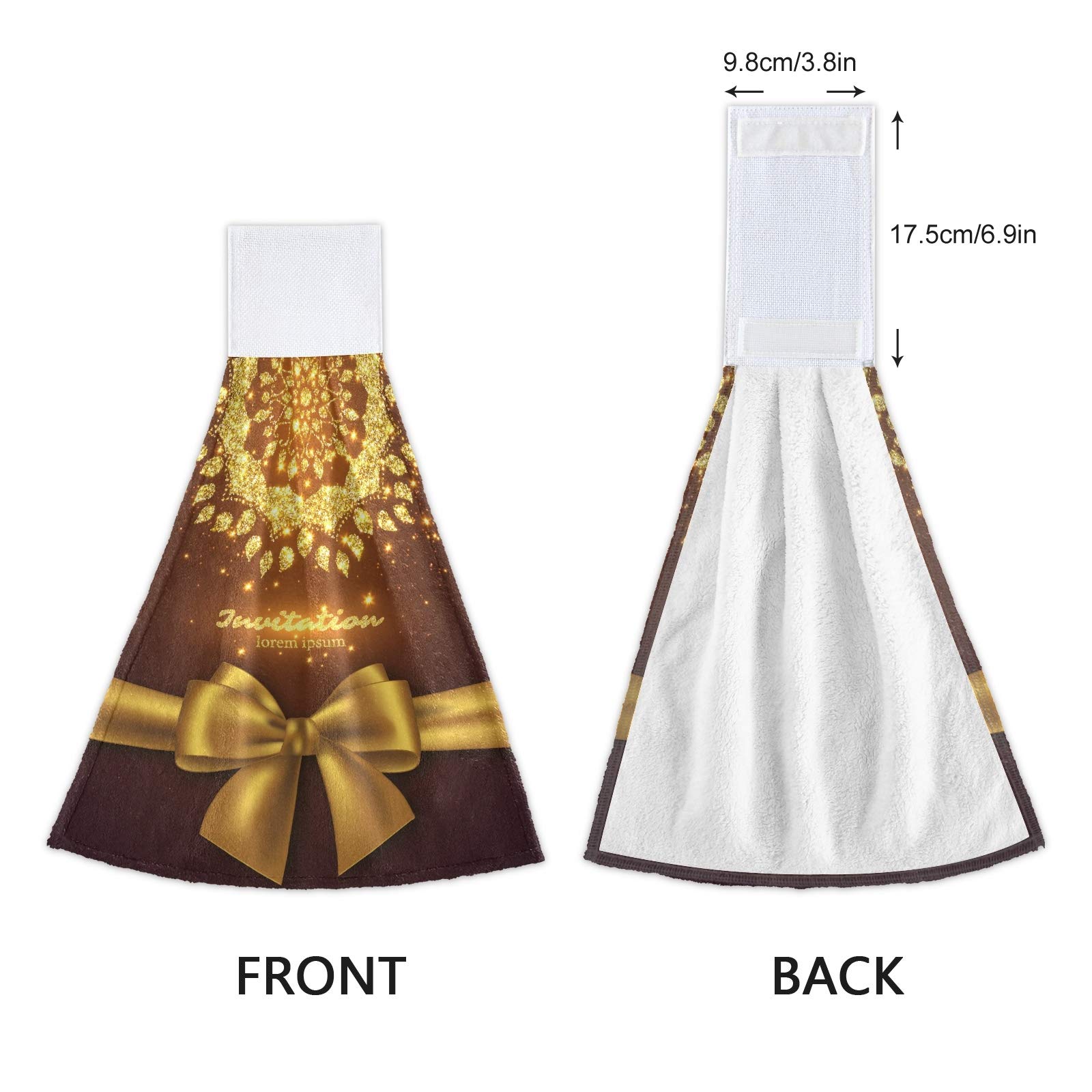 Glitter Mandala Hanging Kitchen Towels - 2 Pack Gold Bow Design, Soft Coral Velvet Hand Towels with Loops for Bathroom & Kitchen | Absorbent Washcloths for Home Decor, Gift Giving & Daily Use