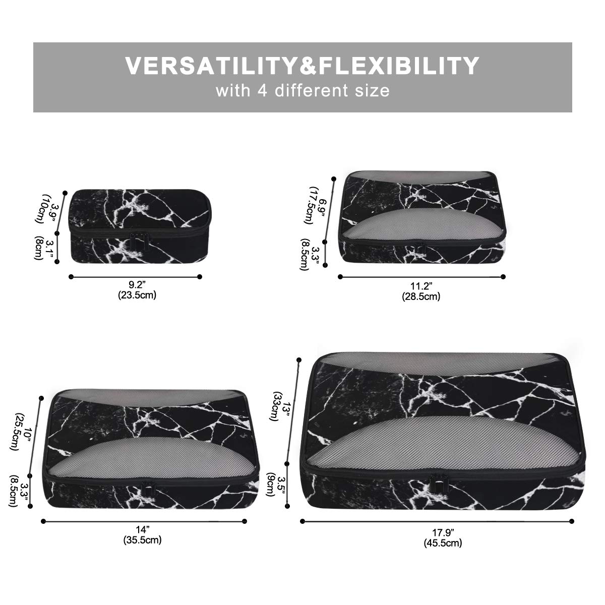 4-Piece Travel Packing Cubes Set - Black Marble Luggage Organizers for Men & Women | Perfect for Carry-On Bags, Suitcases & Backpacking Trips