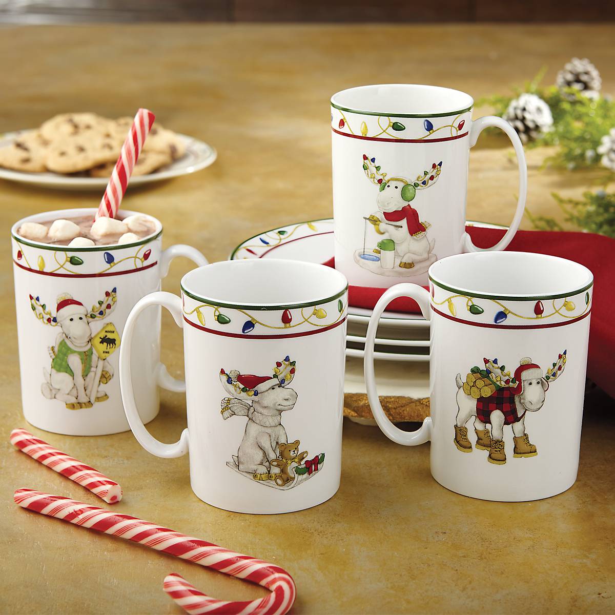 Merry Marcel Moose Mugs Set of 4 - Ceramic Coffee Cups with Cute Moose Design for Hot & Cold Drinks - Perfect for Christmas Gifts, Home Decor, and Cozy Winter Mornings