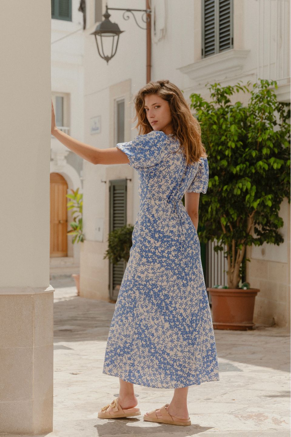 Astrid Blue Floral Puff Sleeve Bias Maxi Dress for Women | Summer Beach Wedding Guest Dress | Boho Chic Midi Dress for Vacation & Special Occasions