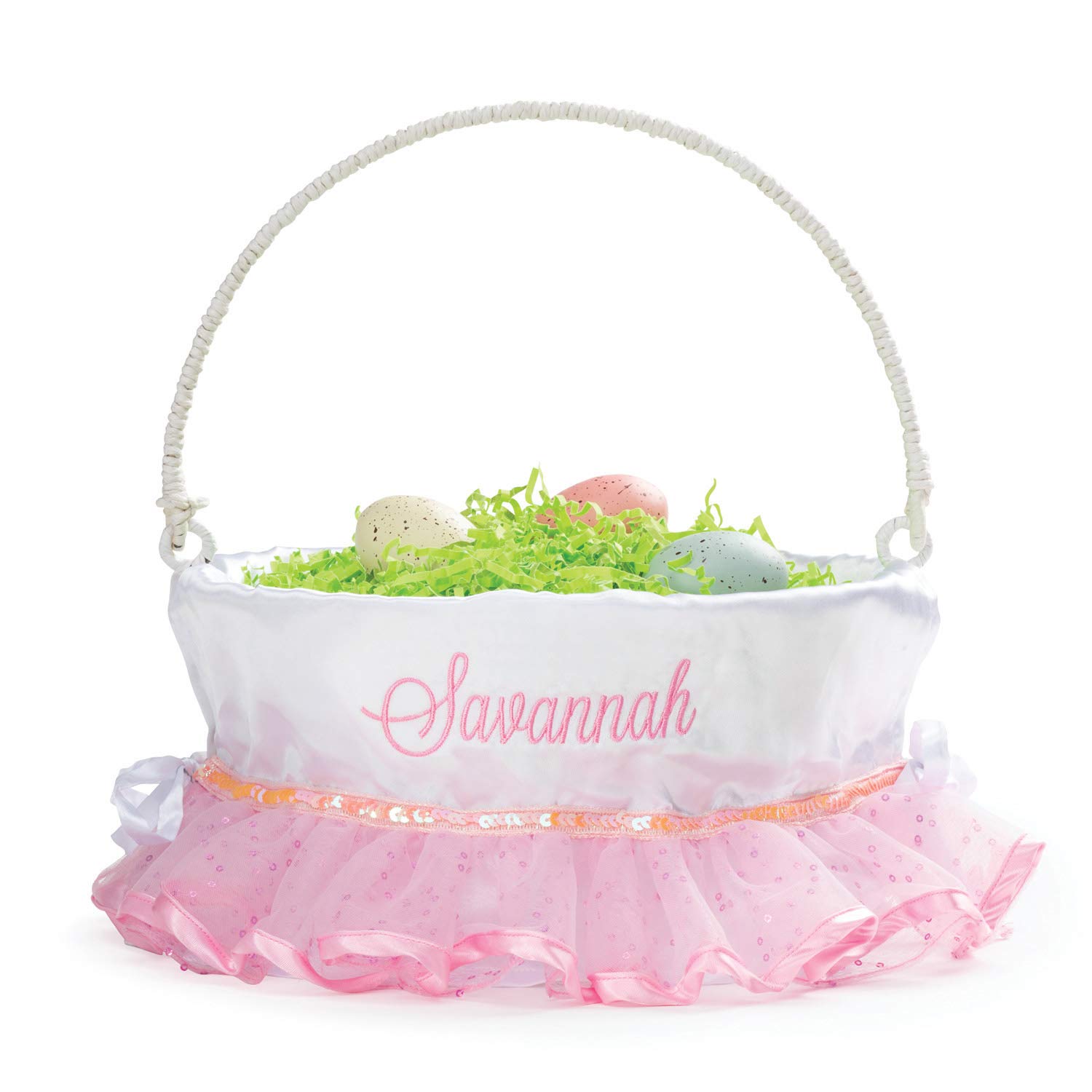 Personalized Easter Basket for Kids with Handle & Custom Name - Pink Tutu Basket Liner & White Woven Design | Custom Easter Gift for Egg Hunts, Party Favors & Spring Celebrations