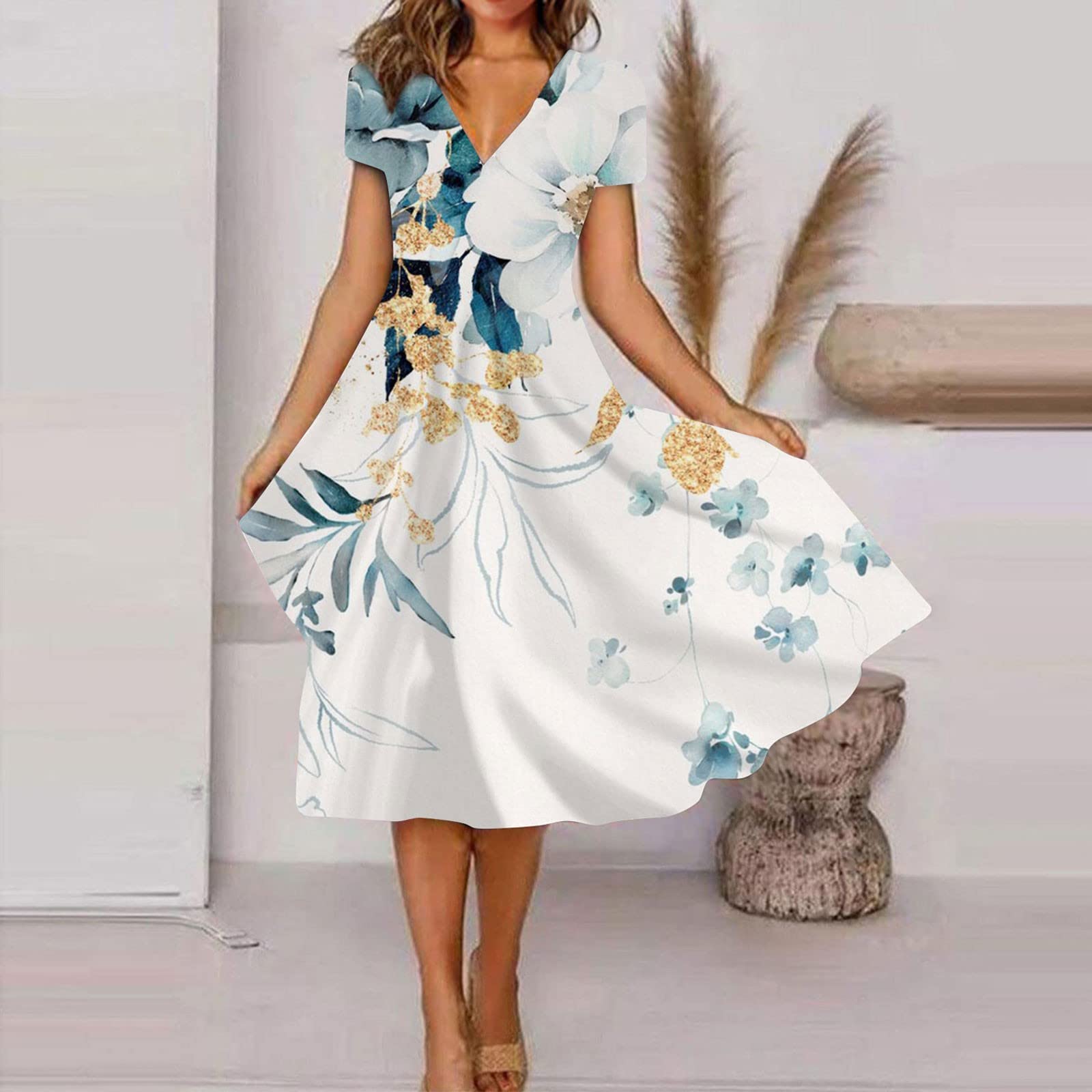 Floral Vacation Dresses for Women | Trendy V-Neck Ruched Short & Long Sleeve Summer Dresses - Casual Spring & Summer Fashion | Perfect for Beach Getaways, Garden Parties & Date Nights