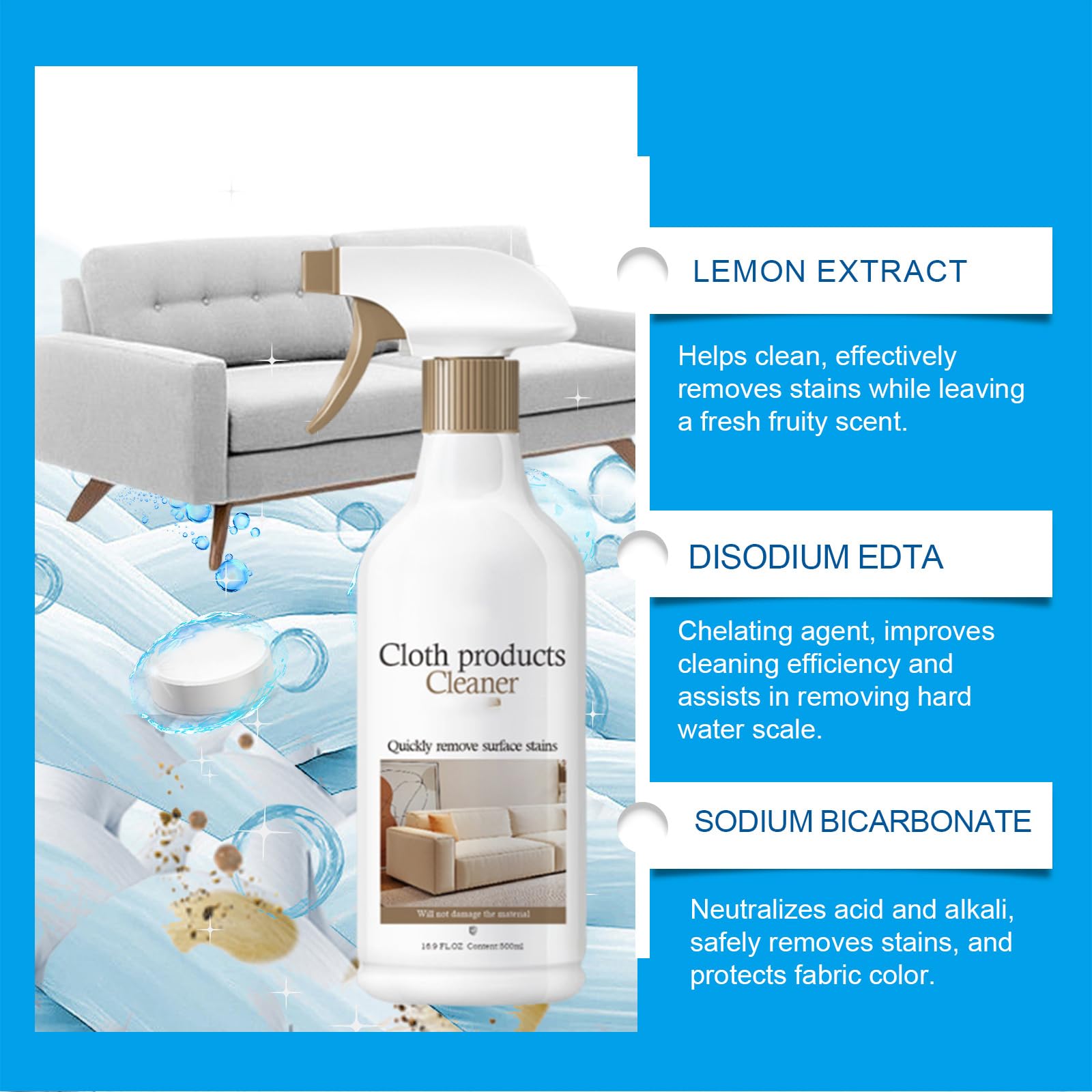 No-Wash Fabric Cleaner Spray - Upholstery & Sofa Cleaner for Furniture, Car Seats, Mattress - Stain Remover & Odor Eliminator (2-Pack) - Perfect for Pets, Kids & Everyday Messes