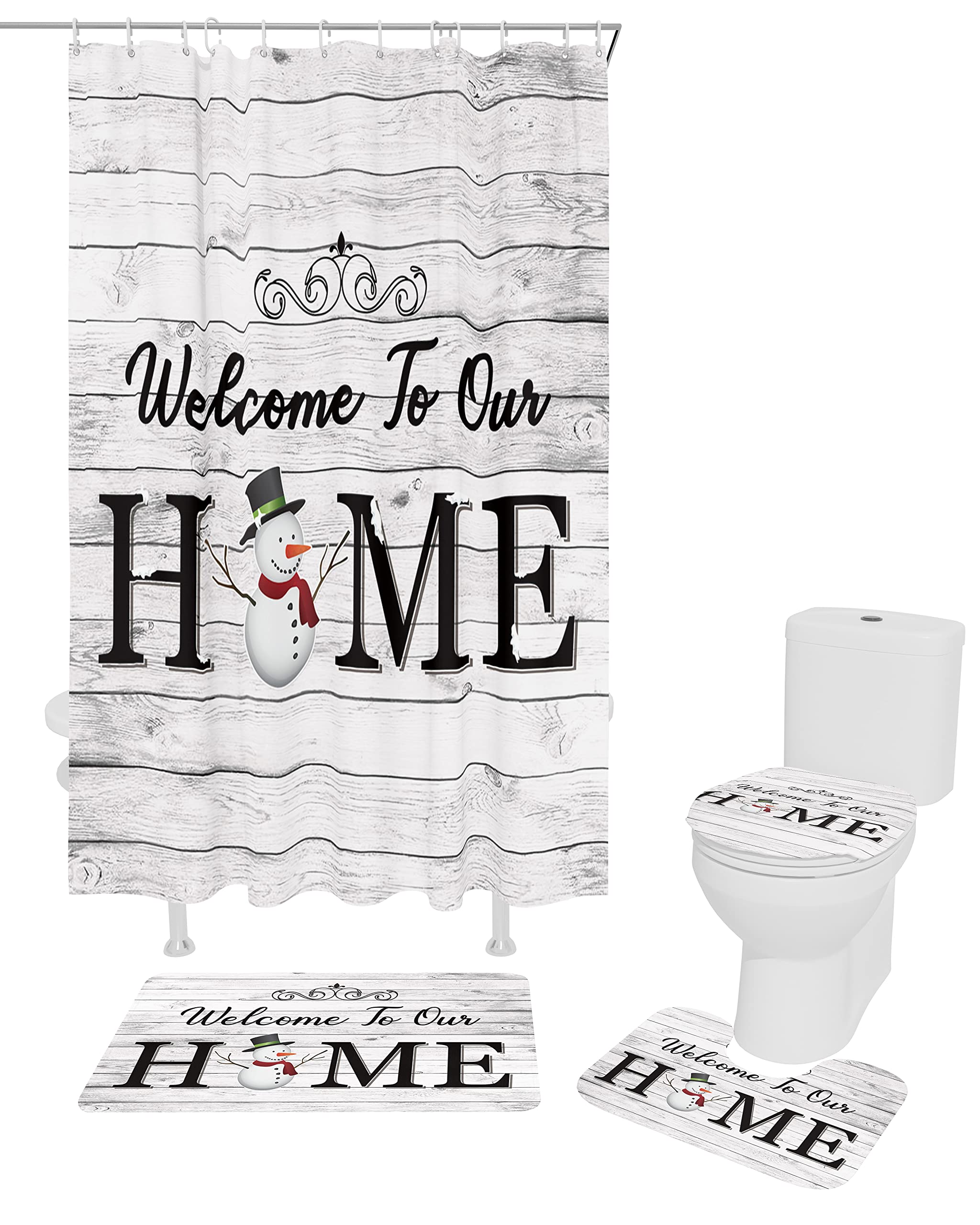 Vintage Wood Grain Snowman Christmas 4-Piece Bathroom Set - Non-Slip Shower Curtain, Rugs, Toilet Seat Cover & Bath Mat | Holiday Home Decor for Festive Bathroom