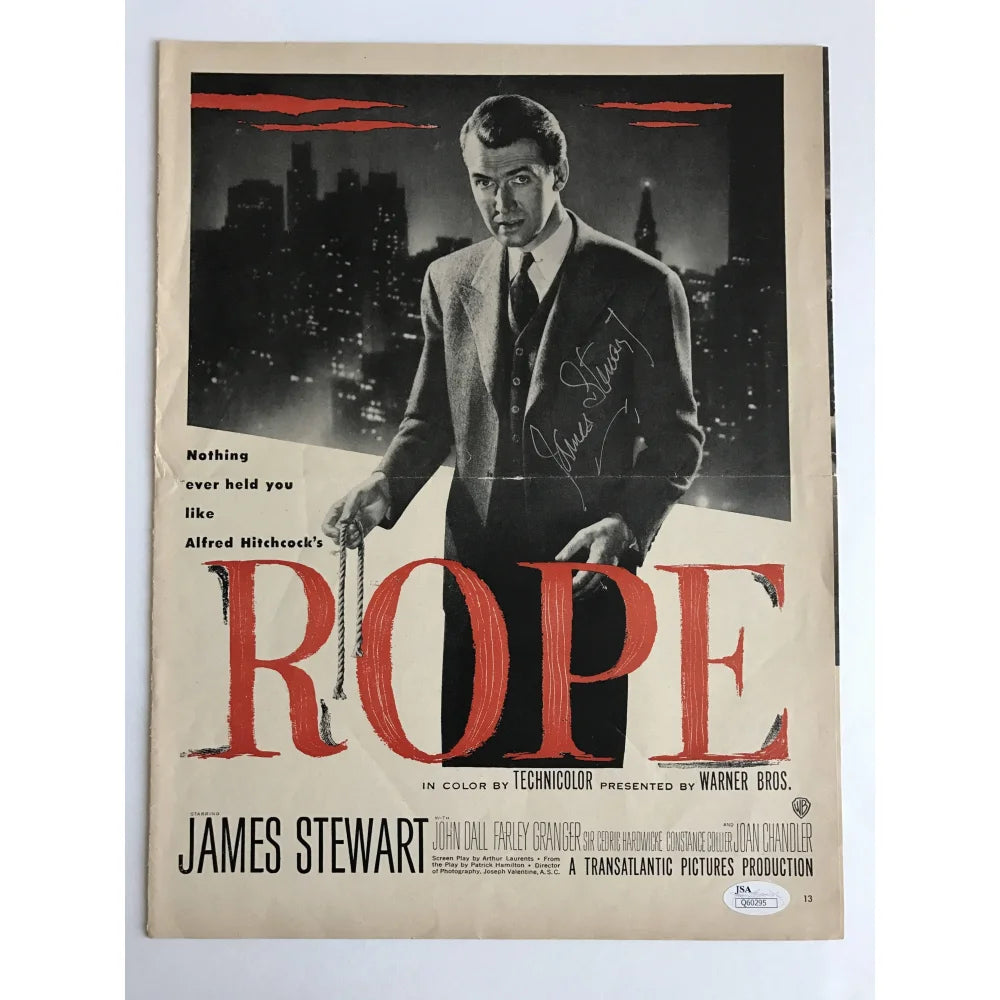 James Stewart Autographed Rope Movie Poster with JSA COA - Vintage Jimmy Hitchcock Film Memorabilia for Collectors & Home Theater Decor