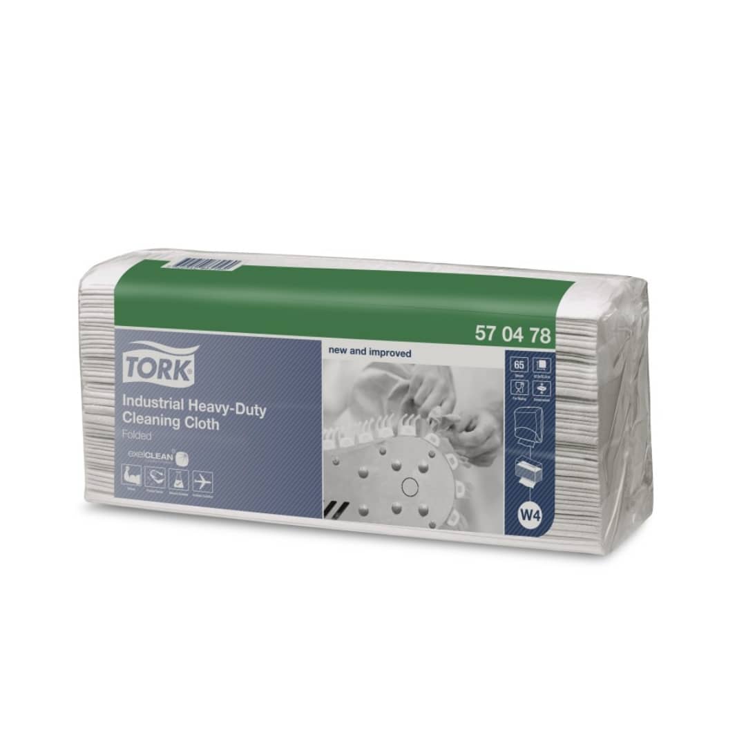 Tork W4 Industrial Heavy Duty Folded Cleaning Cloths - White, 570478, 65 Sheets/Pack | Ideal for Commercial Kitchens, Hospitals & Industrial Cleaning