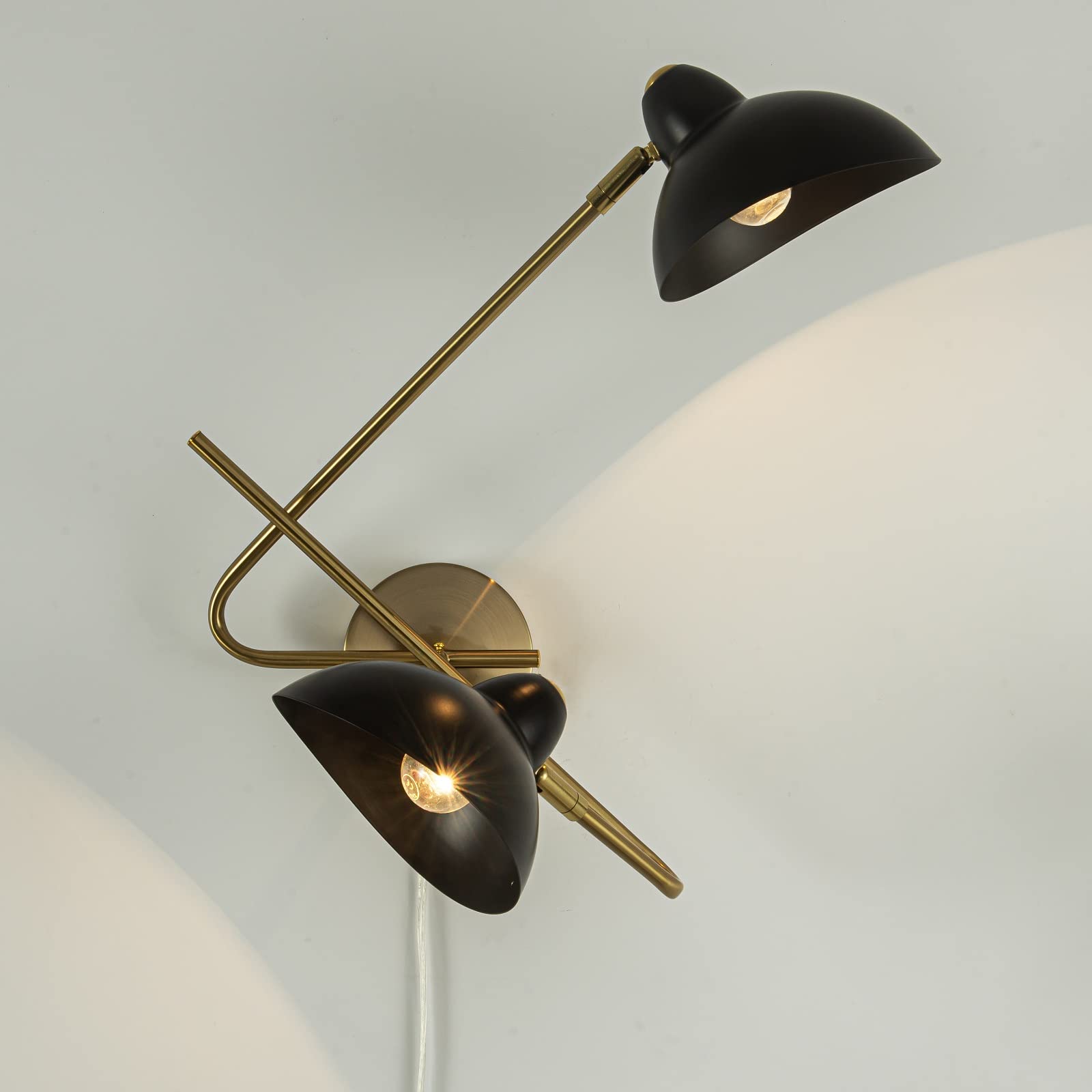 2-Light Plug-in Wall Sconces, Black & Gold Swing Arm Wall Lamp - Modern Plug-in Wall Light for Living Room, Bedroom, Bedside - Easy Installation with Plug Cord - Perfect for Reading Nook, Hallway & Home Office Lighting
