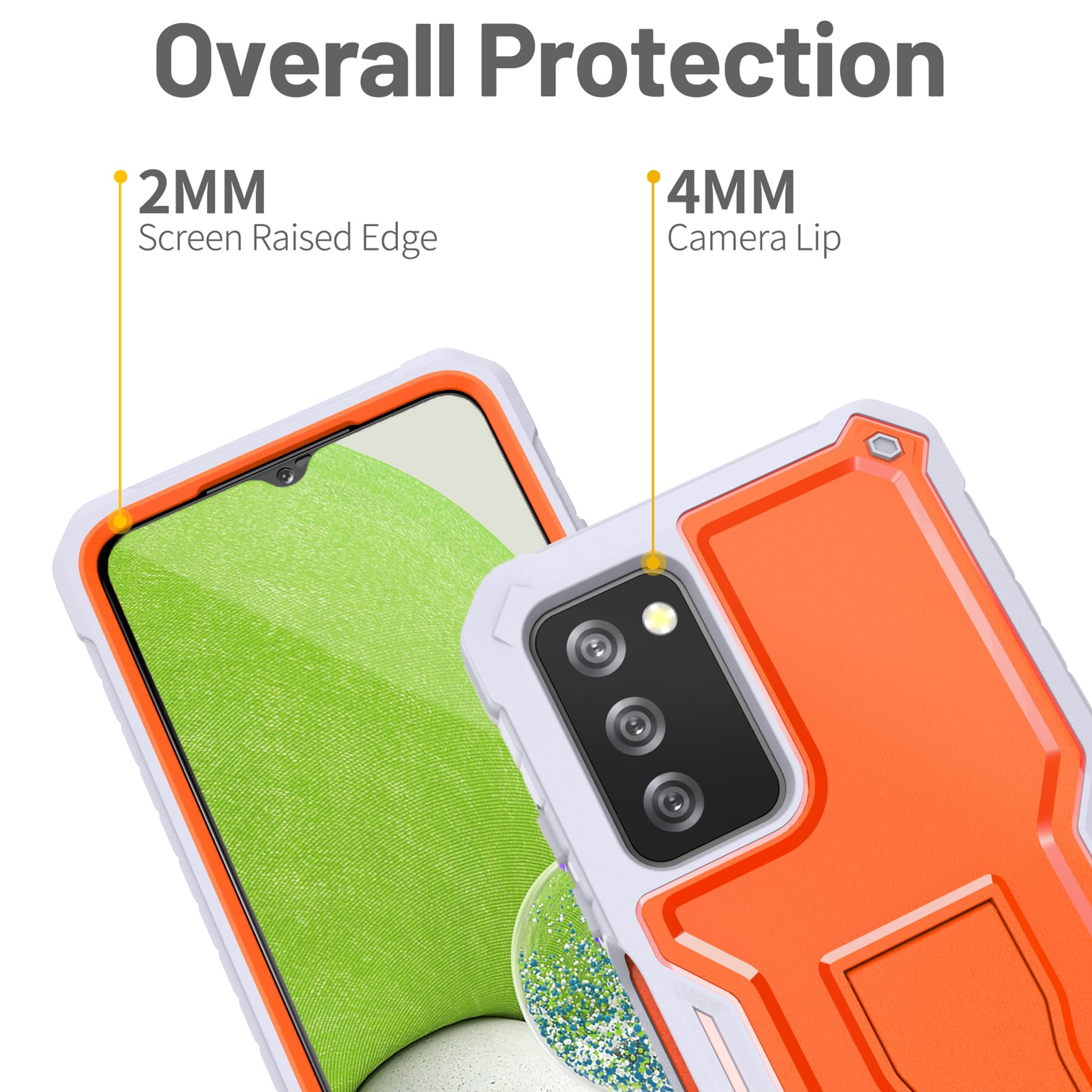 Shockproof Heavy Duty Case for Samsung Galaxy A03S 5G - Dual Layer Protective Cover with Built-in Kickstand & Tempered Glass Screen Protector | Perfect for Outdoor Activities, Work & Travel (Orange)