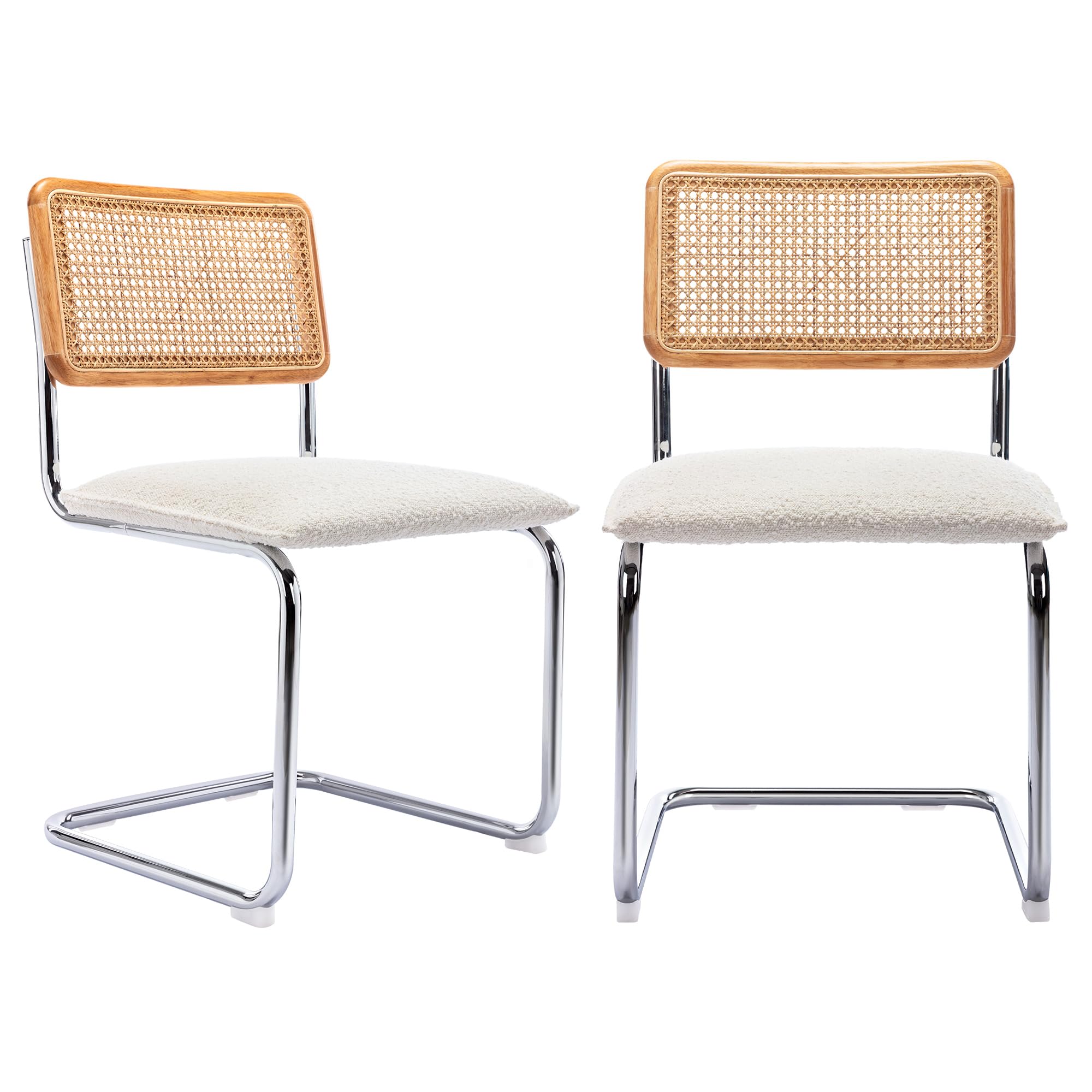ONEVOG Set of 2 Upholstered Boucle Dining Chairs - Sturdy Rubber Wood Frame with Natural Cane Back & Chrome Base - Comfortable Kitchen Chairs for Dining Room, Club, Waiting Room, Restaurant, Office or Home Decor