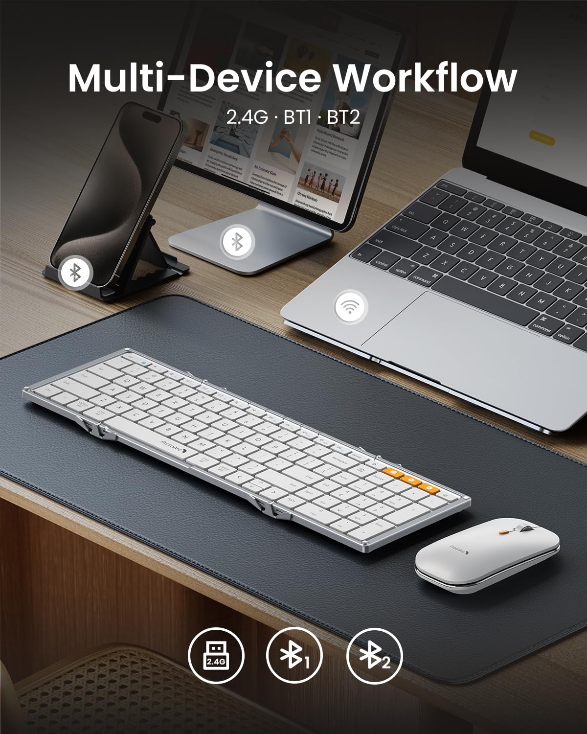 ProtoArc XKM01 Foldable Bluetooth Keyboard and Mouse Combo - Full-Size Portable Wireless Keyboard with 2.4G & Dual Bluetooth for Laptop, iPad, Tablet - White Silver - Perfect for Business Travel & Mobile Office Use