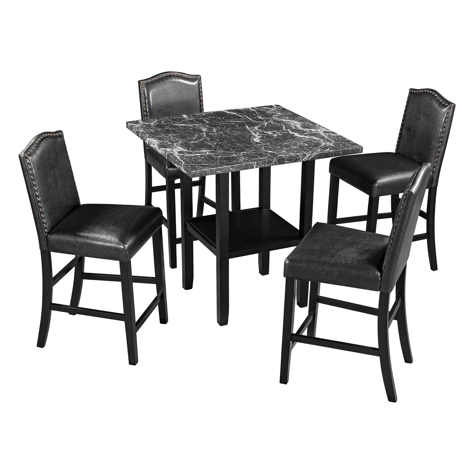 Modern Black Faux Leather Dining Table Set with 4 Chairs & Storage Shelf - Compact Kitchen Table with Coffee Accent End Table - Perfect for Small Spaces, Apartments & Reception Rooms - Easy Assembly Black