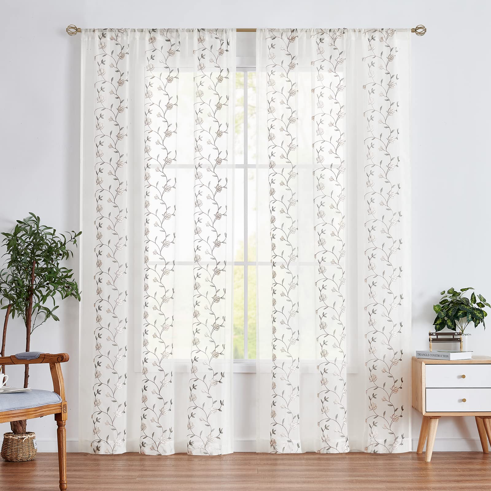 Jinchan Floral Embroidered Sheer Curtains - Semi-Transparent Drapes for Living Room & Bedroom, Grey Embroidery Window Panels with Rod Pocket, 96 Inch Length (Set of 2) - Perfect for Soft Lighting & Privacy in Home Decor