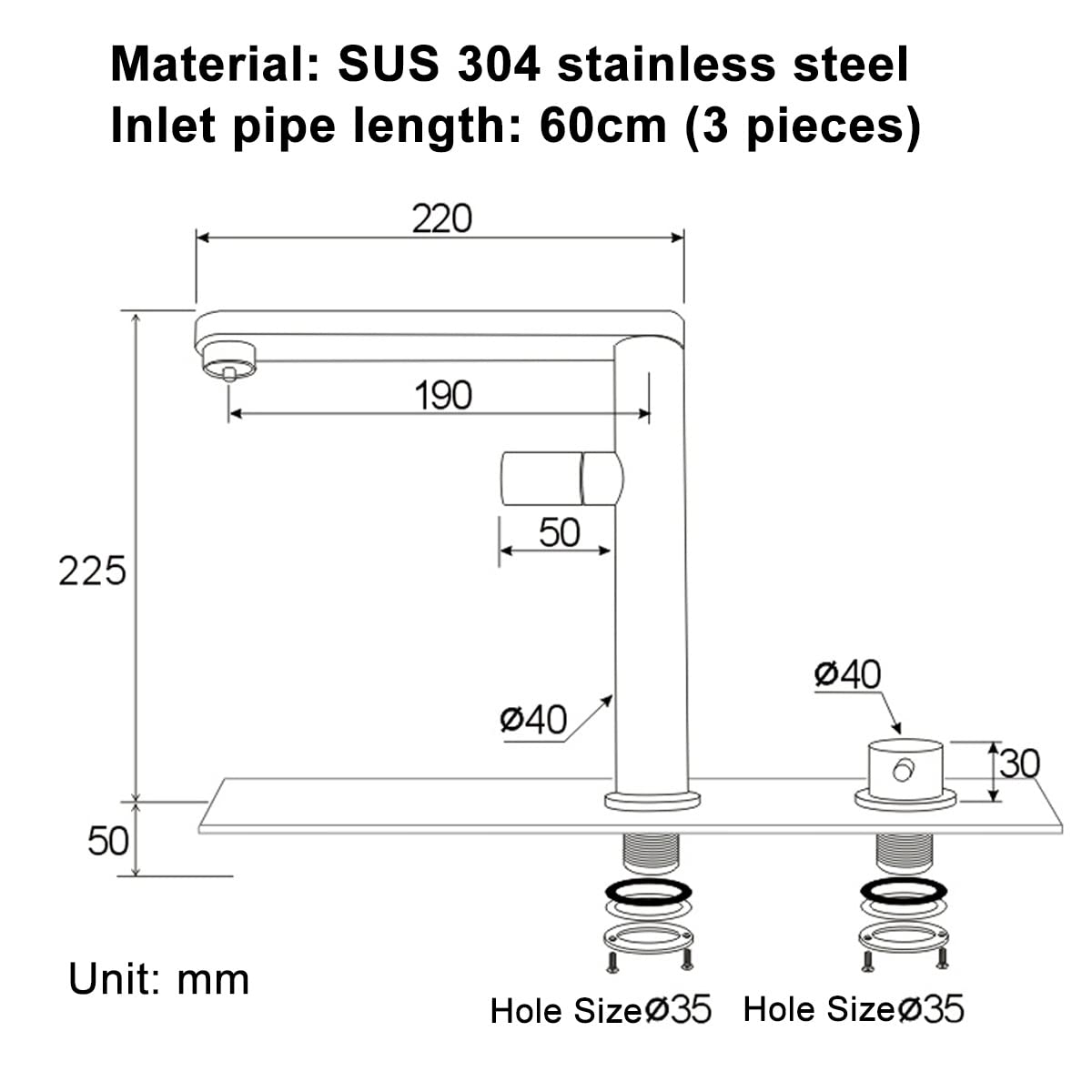 Premium 35x39cm Black 304 Stainless Steel Kitchen Sink with Drain Cover - Single Bowl Bar Counter Sink for Tea Bars, Small Kitchens & Open Concept Spaces (Includes Faucet) - Durable & Stylish for Modern Homes