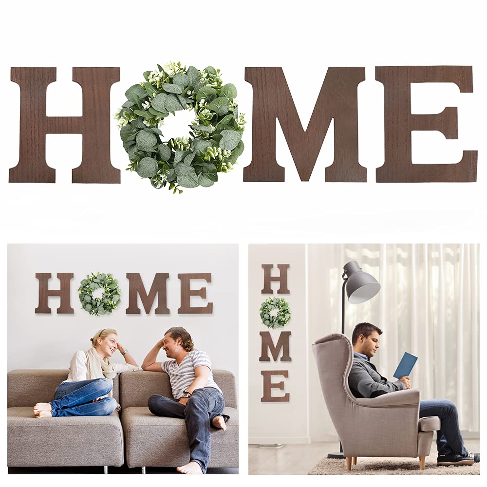 Rustic Wooden Home Sign Wall Decor with Artificial Eucalyptus Wreath - Farmhouse Style Wall Hanging Letters for Living Room, Kitchen & Housewarming Gifts - Perfect for Cozy Home Decor & Warm Housewarming Presents (Brown)