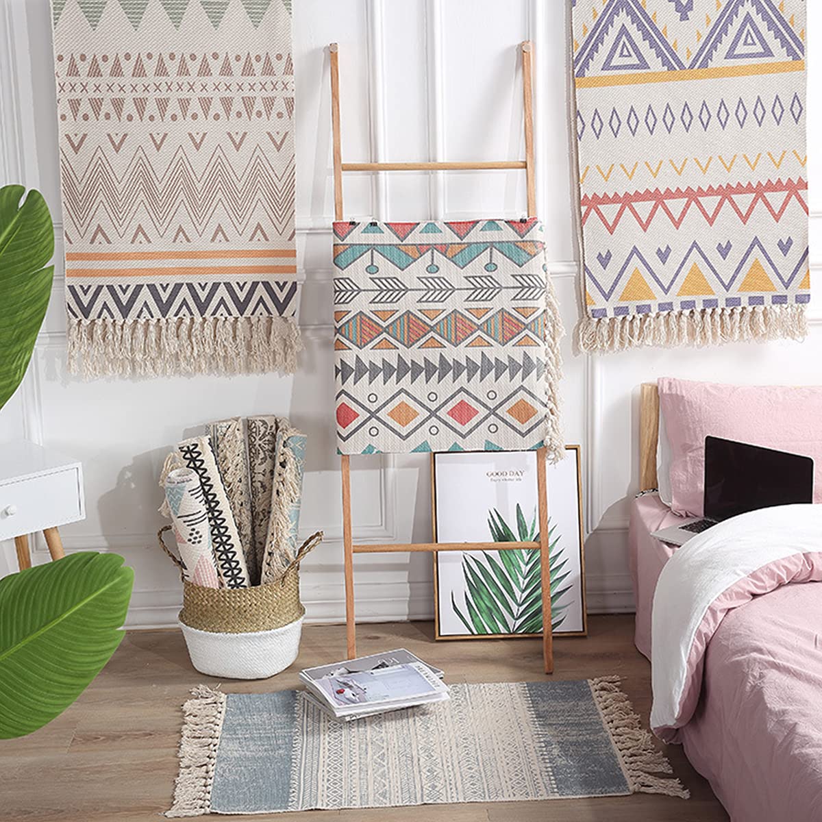 Stylish Cotton Boho Rug with Non-Slip Rug Pad | 23.6’x35.4’ Printed Bohemian Runner with Tassels | Perfect for Bathroom, Kitchen, Bedroom & Entryway | Soft & Durable Home Decor for Boho Chic Style