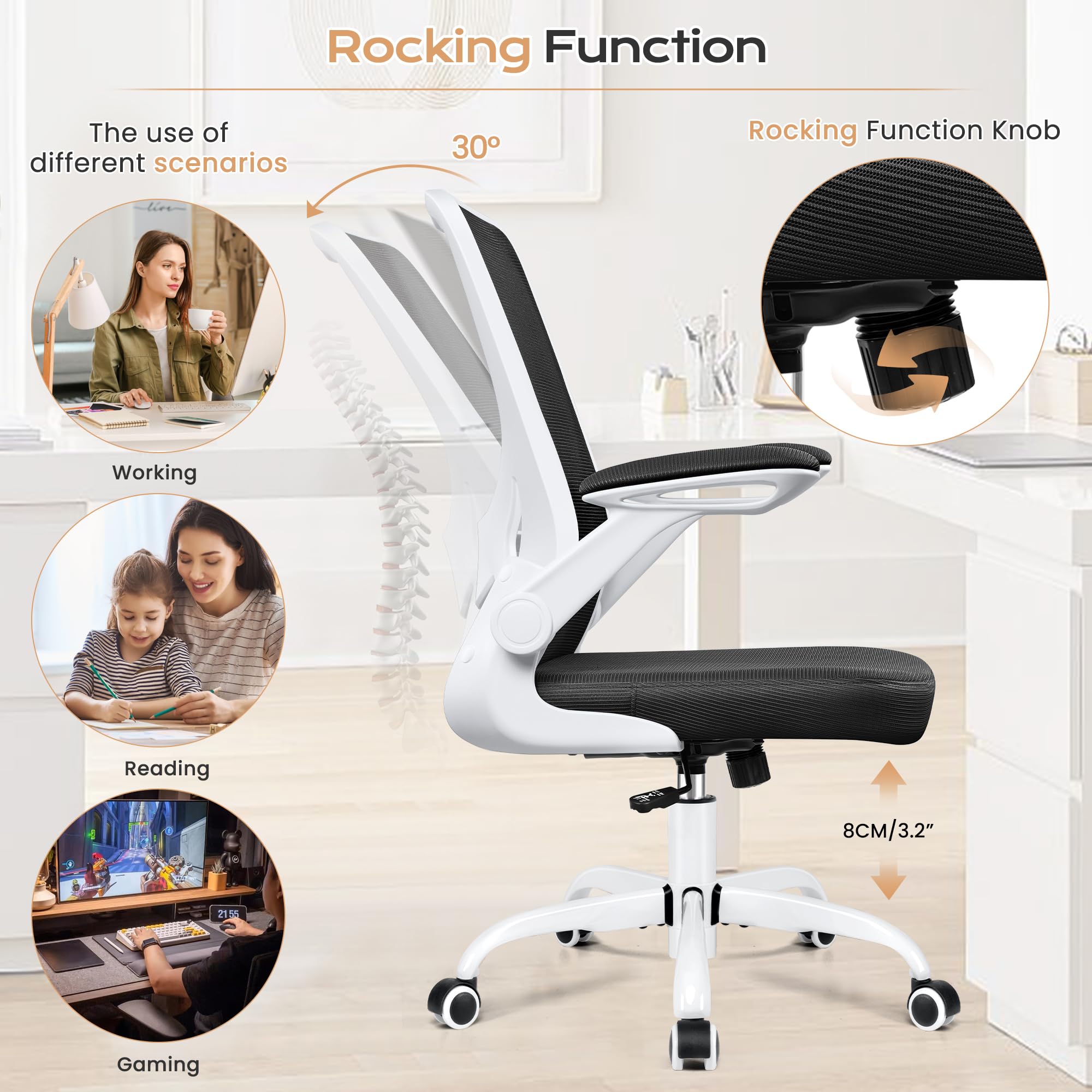 KERDOM Ergonomic Office Chair - Breathable Mesh Computer Desk Chair with Lumbar Support, Wheels & Flip-Up Arms - Adjustable Height Swivel Task Chair for Home Office & Gaming (White) - Perfect for Long Work Sessions, Online Classes & PC Gaming