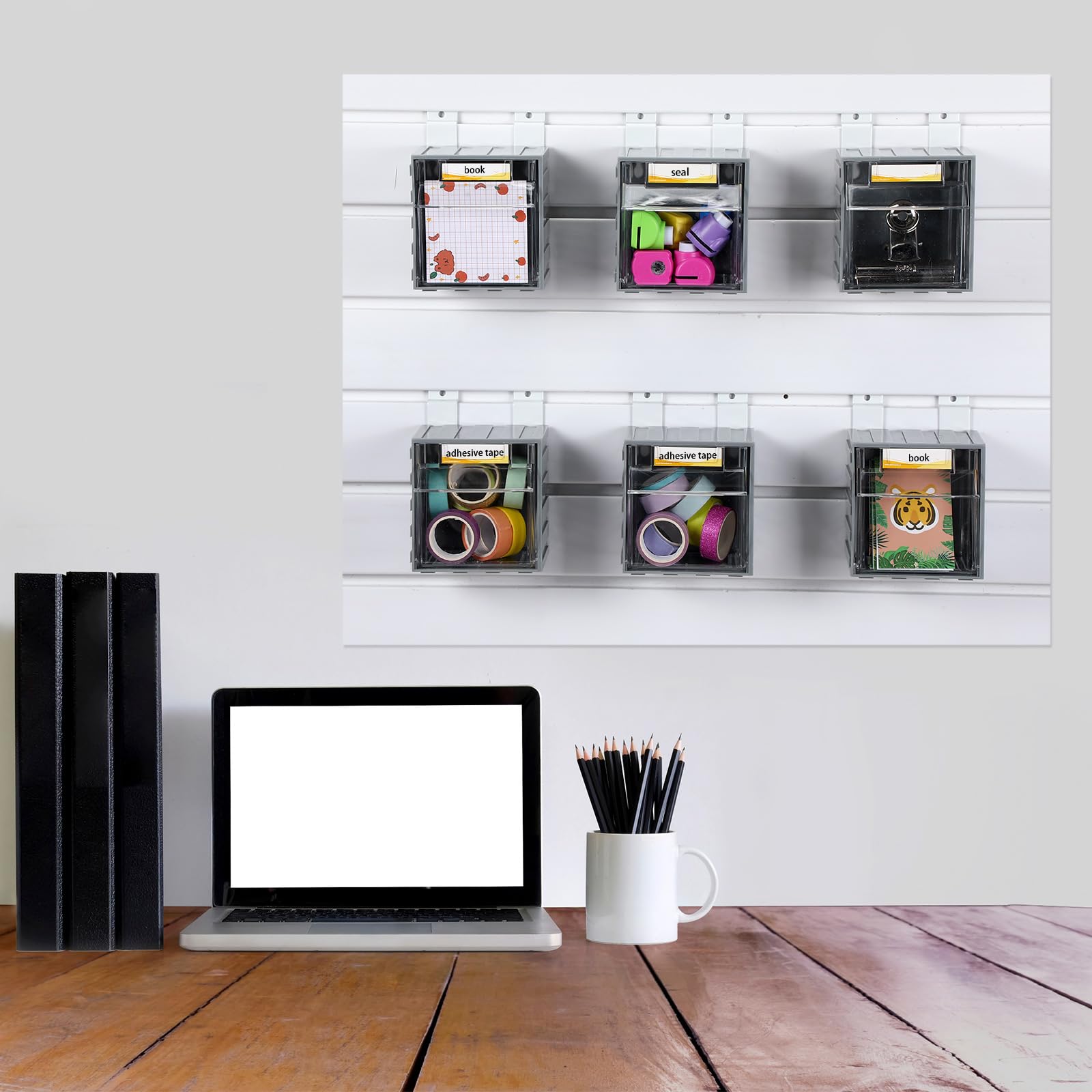 6 Pack Slatwall Bins with Hooks - Wall Mount Storage Baskets with Labels & Tip-Out Design - Hanging Organizer for Garage, Workshop, Retail & Home Organization - Durable Slatwall Panel Accessories