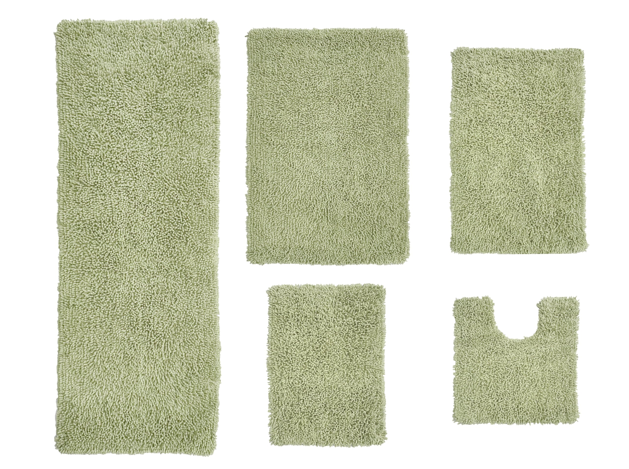 Home Weavers Fantasia 100% Cotton Bath Rug Set - Ultra Soft Absorbent Washable Bathroom Mats, Non-Slip Kitchen & Bath Floor Mats, 5-Piece Contour Set in Sage Green - Perfect for Bathrooms, Showers & Spa-Like Home Decor