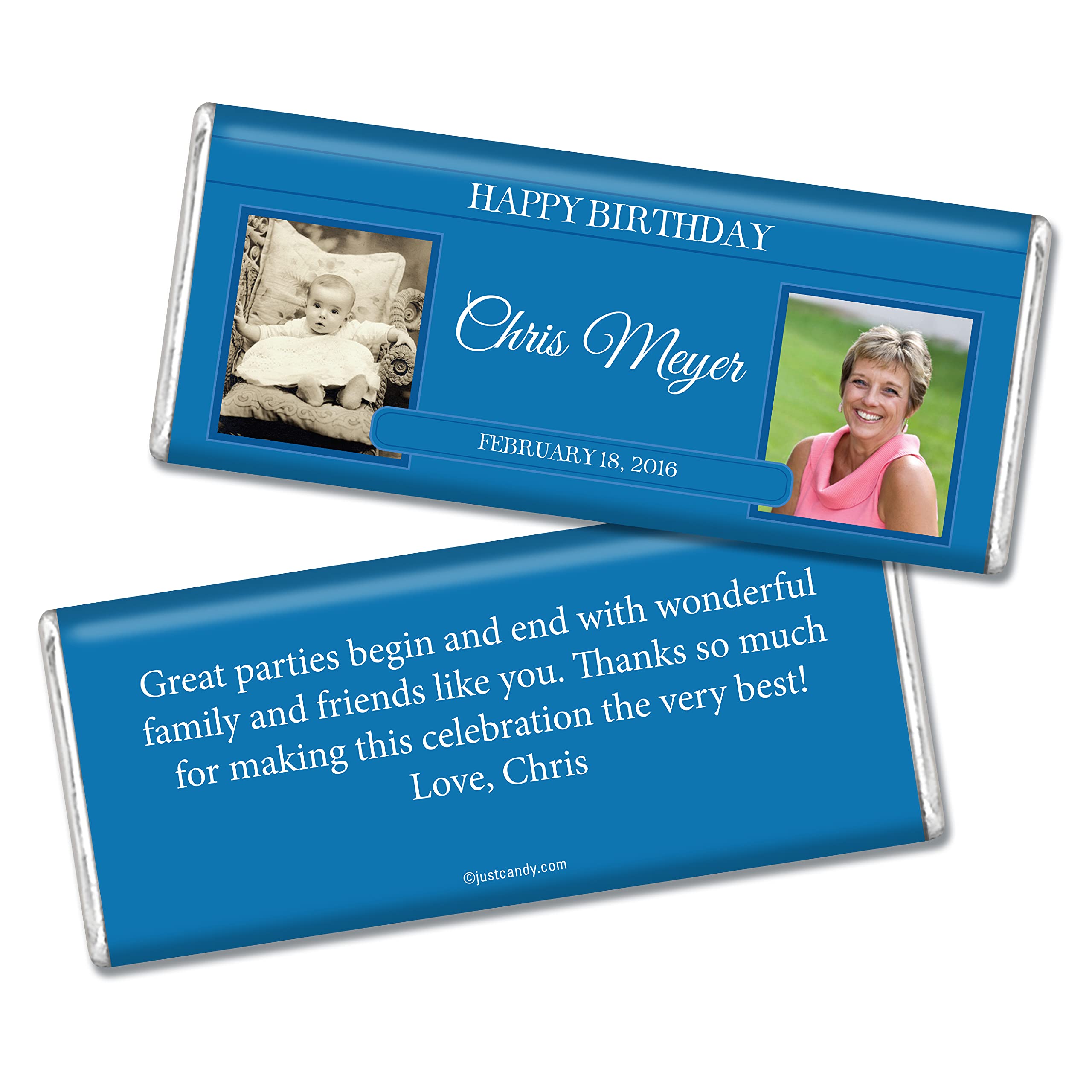 Personalized Birthday Party Candy Favors with Custom Photo - 36 Pack Then & Now Photo Candy Bars for Adults & All Ages - Perfect for Birthday Celebrations, Baby Showers & Anniversary Parties (Royal Blue)
