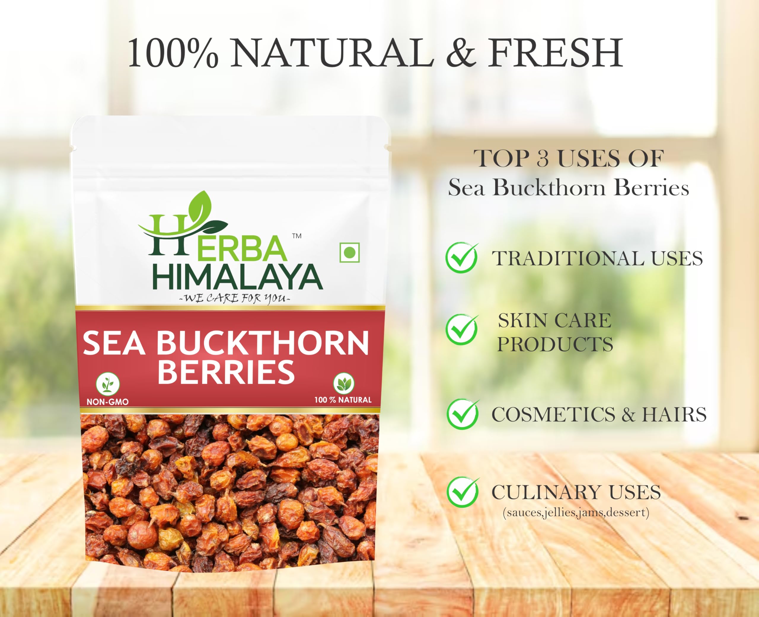Organic Himalayan Sea Buckthorn Berries (100g) - Sundried, Rich in Omega Fatty Acids & Vitamin C, No Added Sugar, Skin Nourishment Superfood | Perfect for Smoothies, Teas, and Natural Skincare Recipes