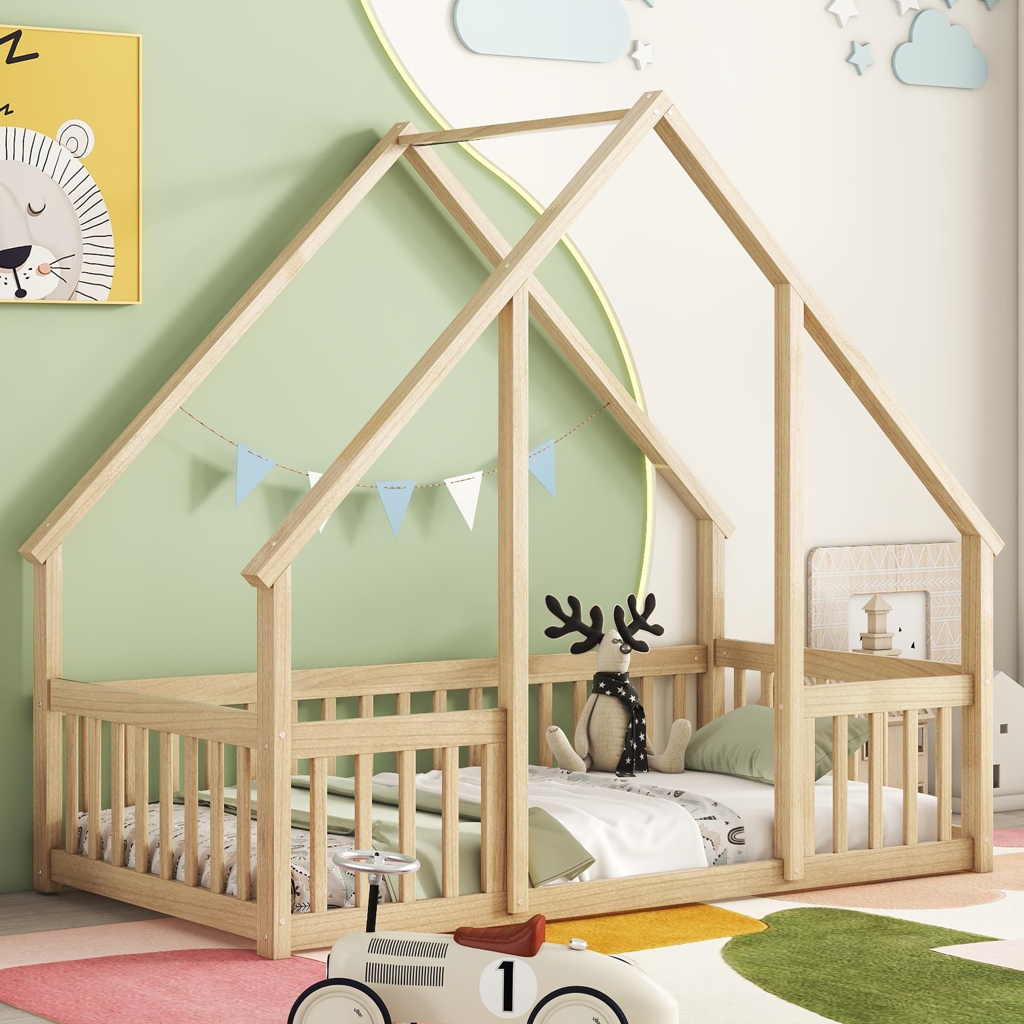 Bellemave Twin Size Wooden House Floor Bed Frame for Kids - Montessori Style with Safety Fence & Playhouse Design - Perfect for Boys & Girls Bedroom, Playroom or Montessori Classroom
