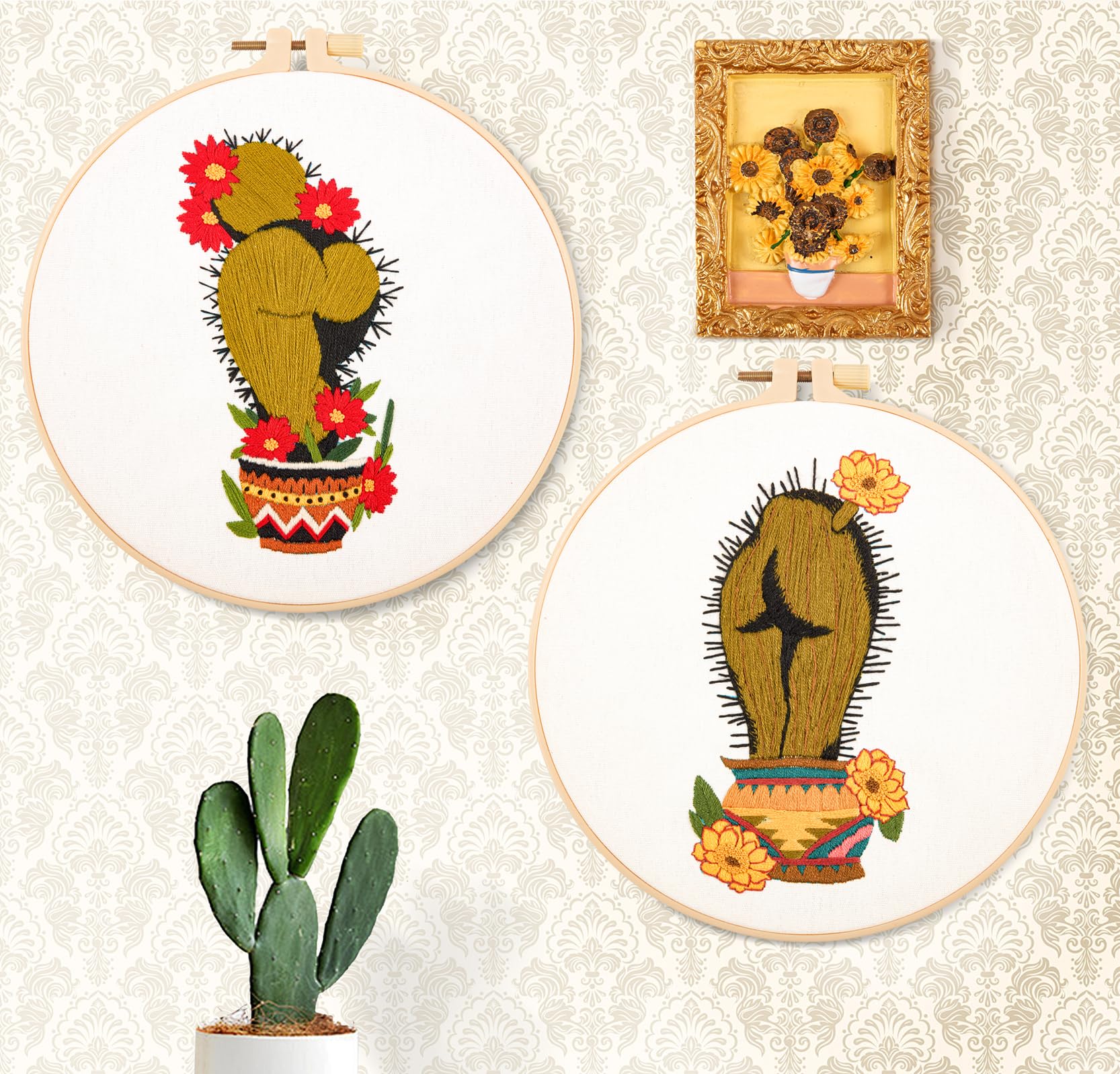 Funny Cactus Embroidery Kit for Beginners - Complete Cross Stitch Starter Set with 2 Fabric Pieces & Hoops, Step-by-Step Video Tutorial | Perfect DIY Gift for Adults, Home Decor & Stress Relief Craft