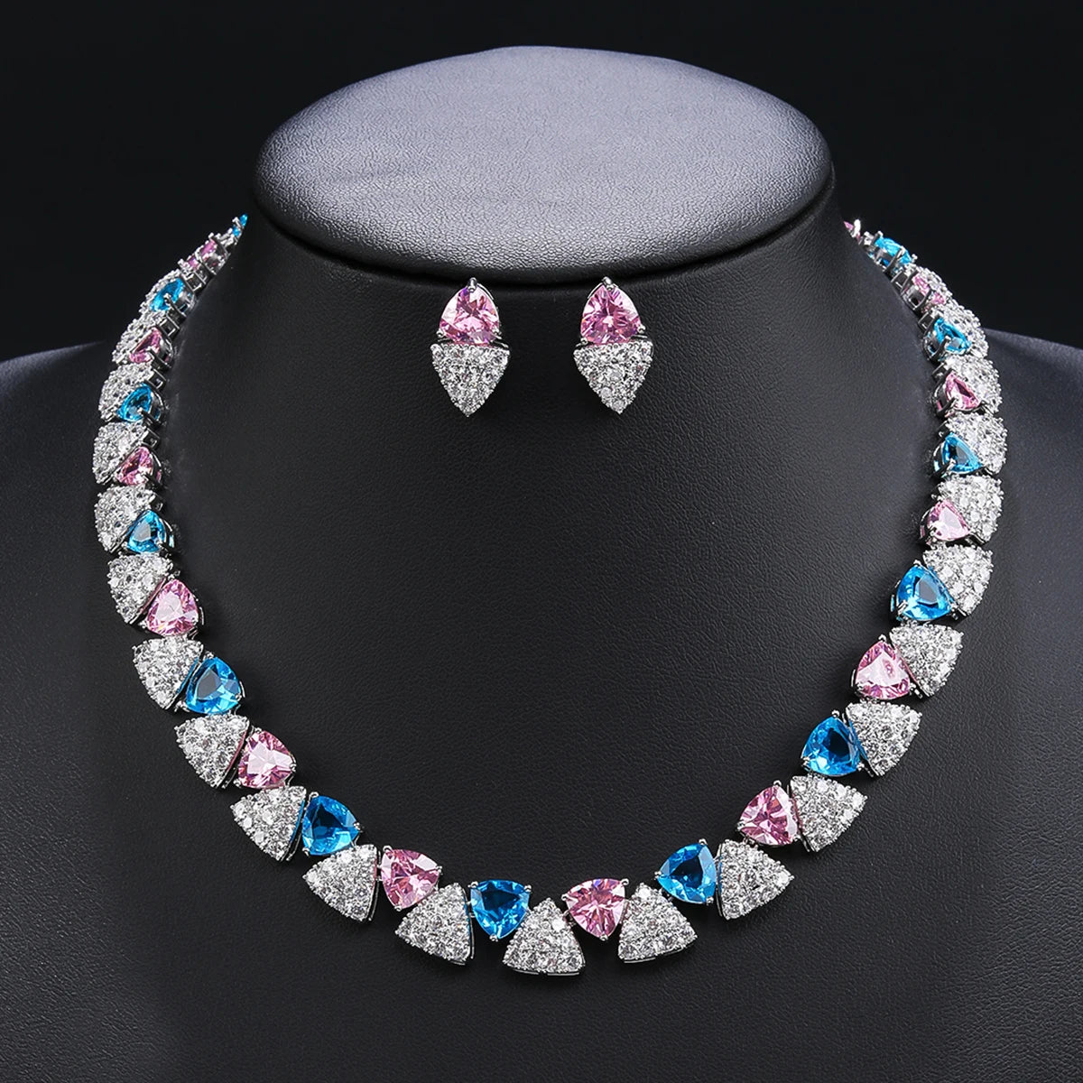 Elegant Multi-Color Cubic Zirconia Heart Necklace & Earrings Set - Perfect for Weddings, Bridal Jewelry, and Special Occasions | CN11332