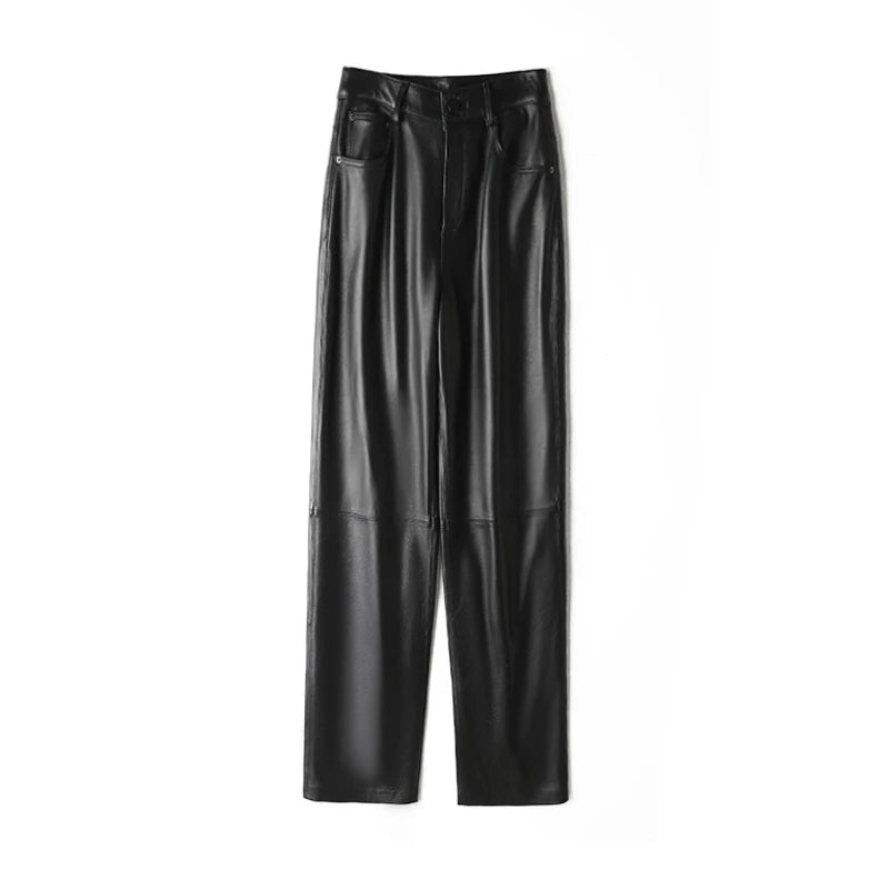 Genuine Leather Straight Leg Pants for Women - High Waist Sheepskin Trousers with Pockets | 2023 Fall Winter Fashion | Chic Casual Slim Fit Pants for Office, Dating & Everyday Wear