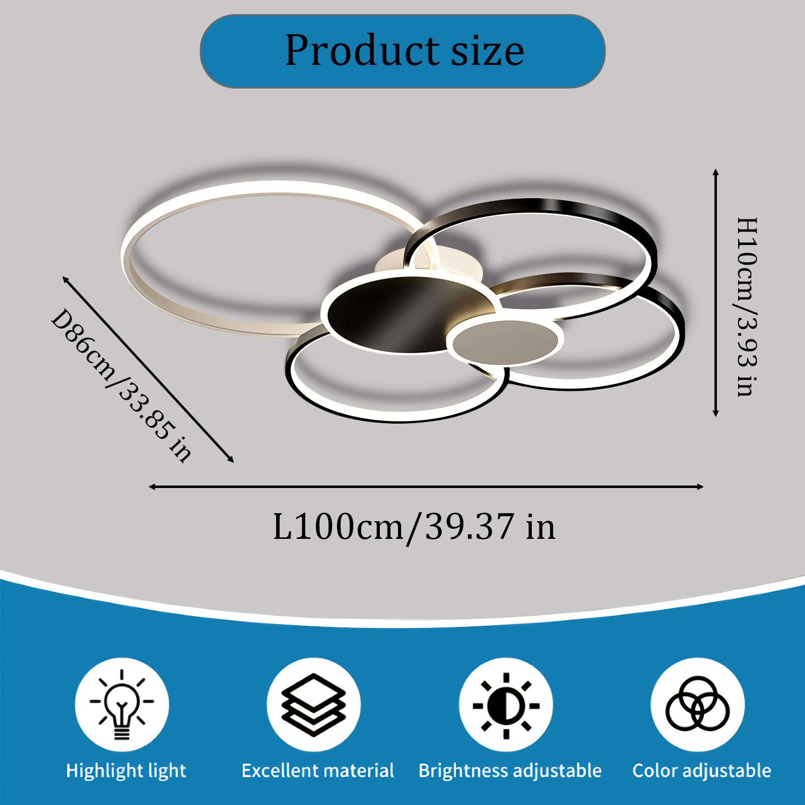 Modern 6-Ring LED Ceiling Light 95W 7840LM Dimmable 3500K-6500K with Remote Control - Black 100cm Round Hall Lamp for Living Room, Bedroom, Kitchen & Dining Room - Perfect for Ambient Lighting and Home Decor
